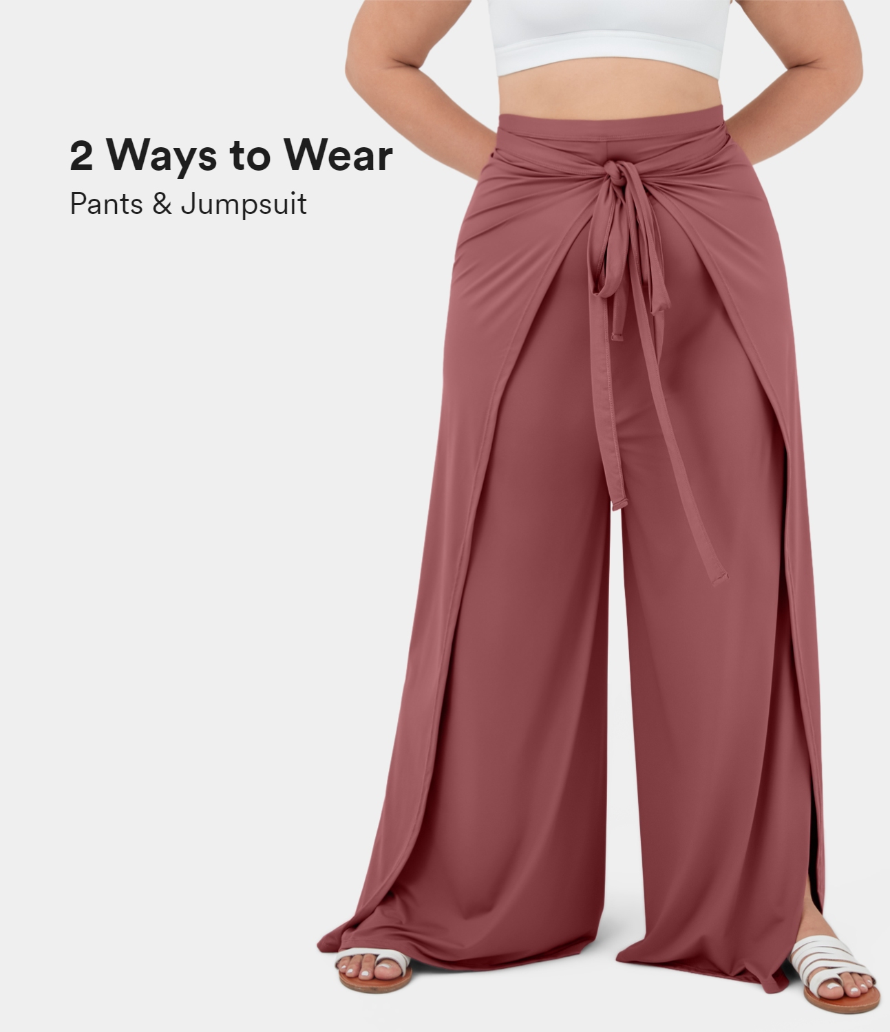 

Halara High Waisted Tie Front Split Hem Palazzo Wide Leg Flowy Casual Plus Size Pants - Light Rose Red