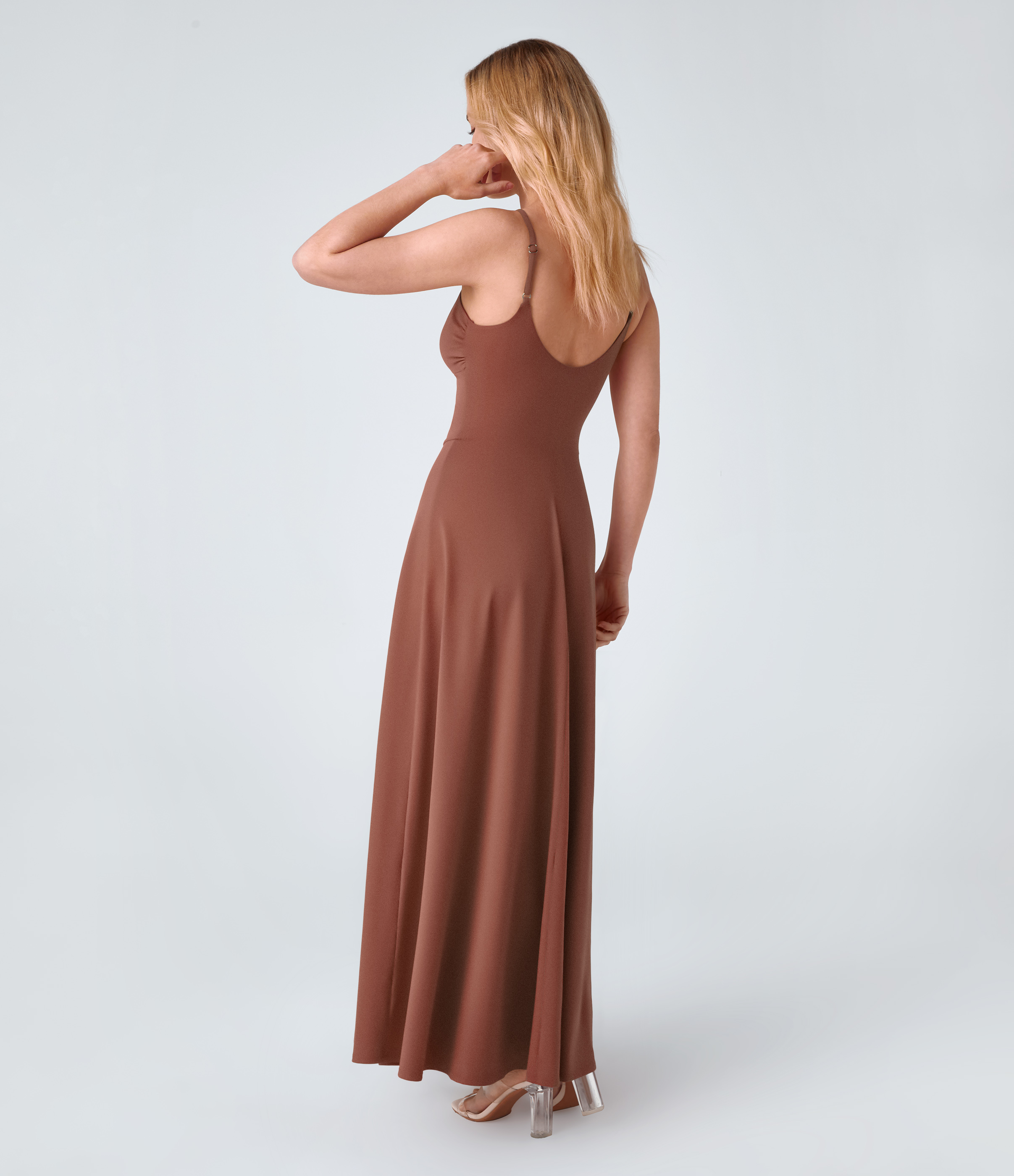 Halara Adjustable Strap U Back Backless Twisted Flare Flowy Maxi Slip Resort Dress Casual Dress - Maple Syrup - S slip dress beach dress 