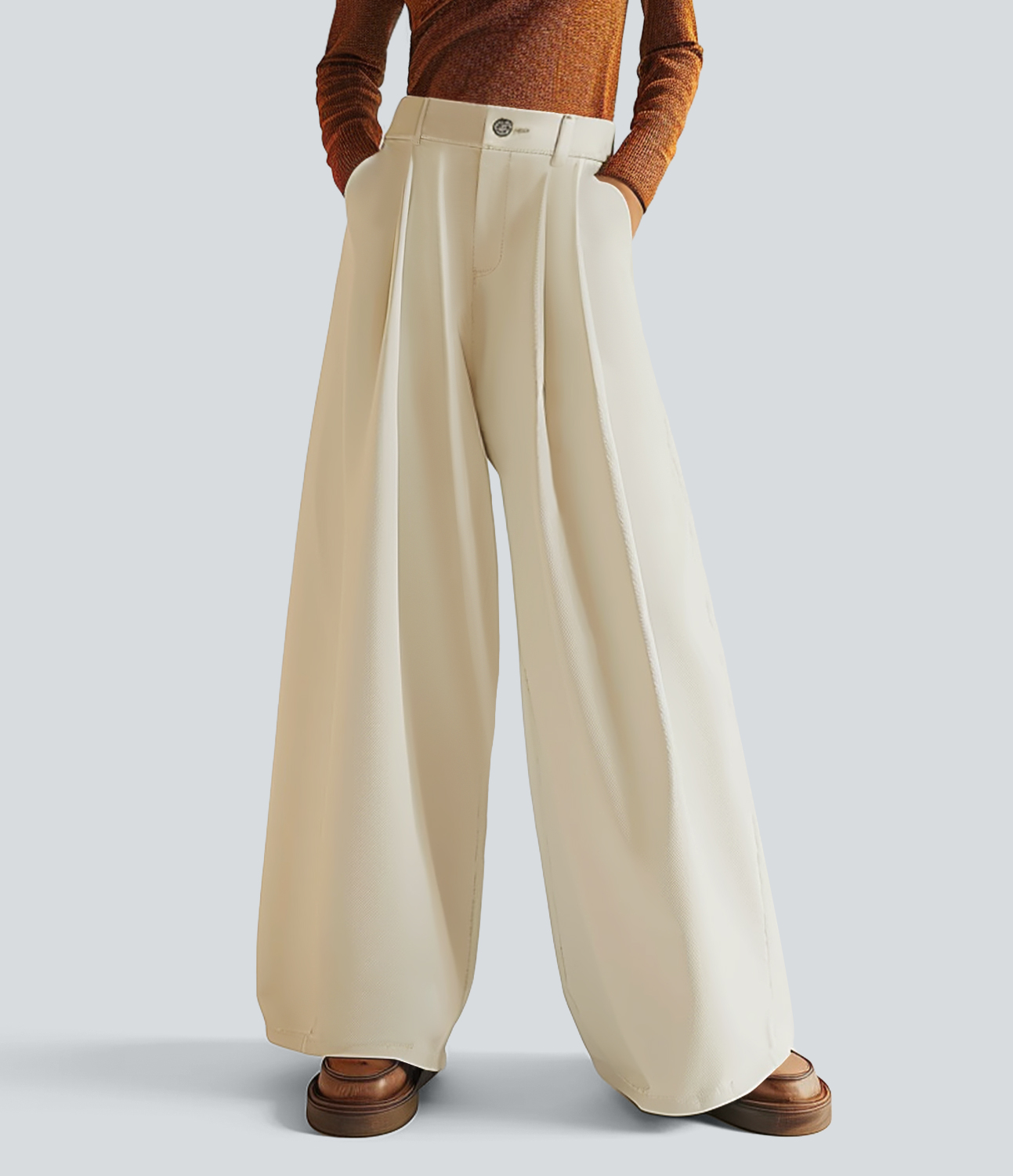 

Halara High Waisted Button Zipper Plicated Side Pocket Wide Leg Work Pants - Oyster White -  sweatpants jogger pants