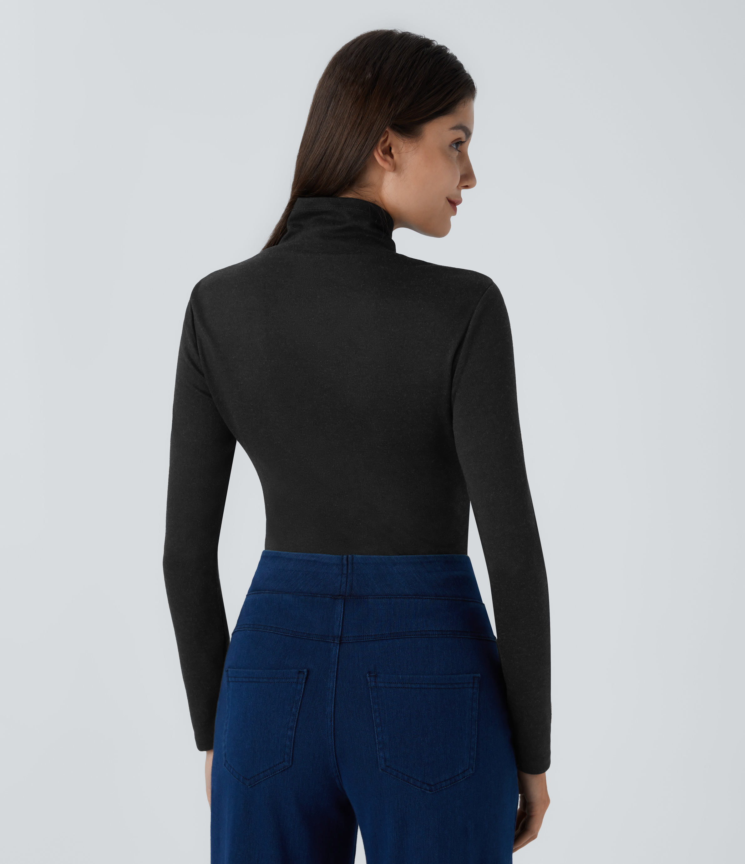 Halara Crossover High Neck Long Sleeve Curved Hem Casual Top Tank Top - Black - L golf tops halter top tunic tops sleeveless tops 