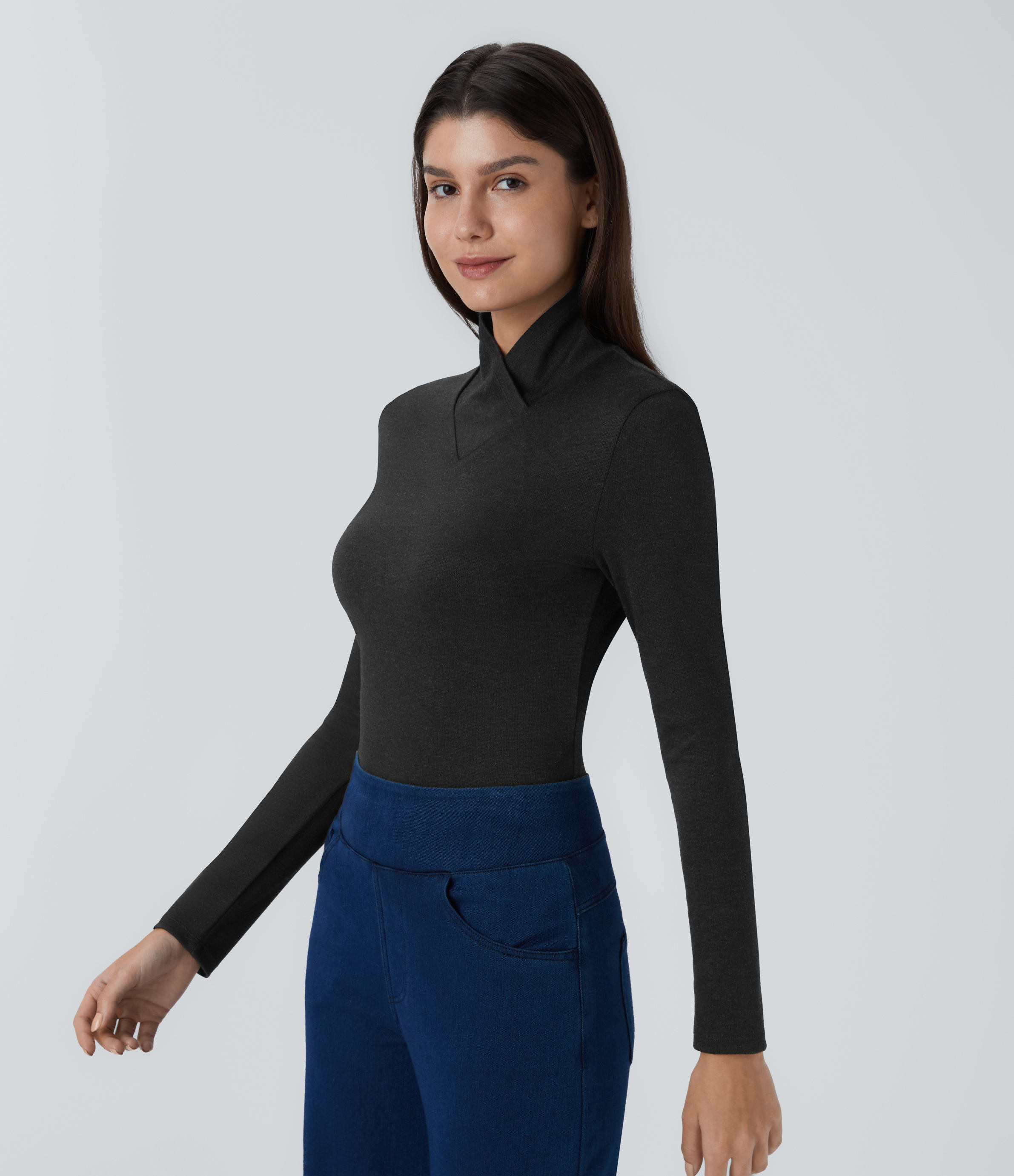 Halara Crossover High Neck Long Sleeve Curved Hem Casual Top Tank Top - Black - L golf tops halter top tunic tops sleeveless tops 