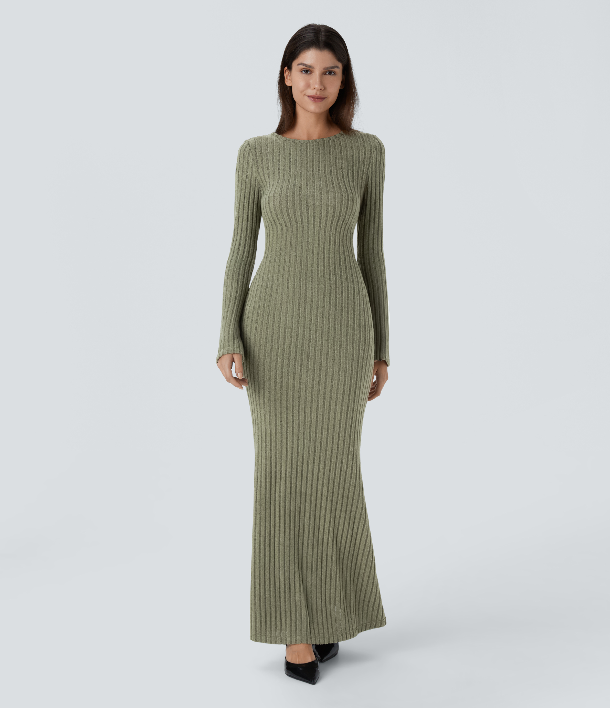 Halara Ribbed Knit Backless Tie Back Long Sleeve Bodycon Mermaid Maxi Casual Dress Casual Dress - Moss Green Floral Velvet - XL slip dress 