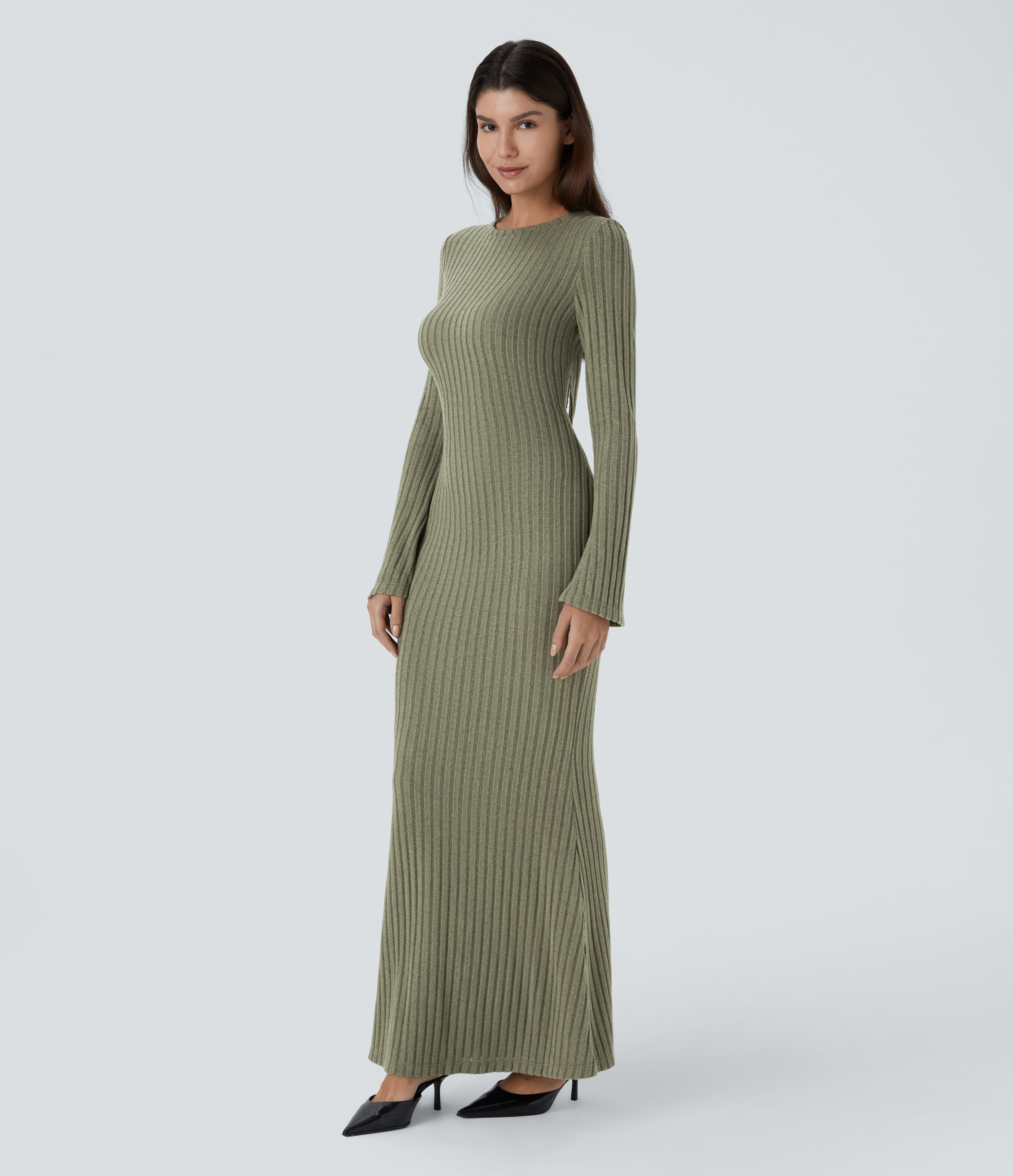 Halara Ribbed Knit Backless Tie Back Long Sleeve Bodycon Mermaid Maxi Casual Dress Casual Dress - Moss Green Floral Velvet - XL slip dress 
