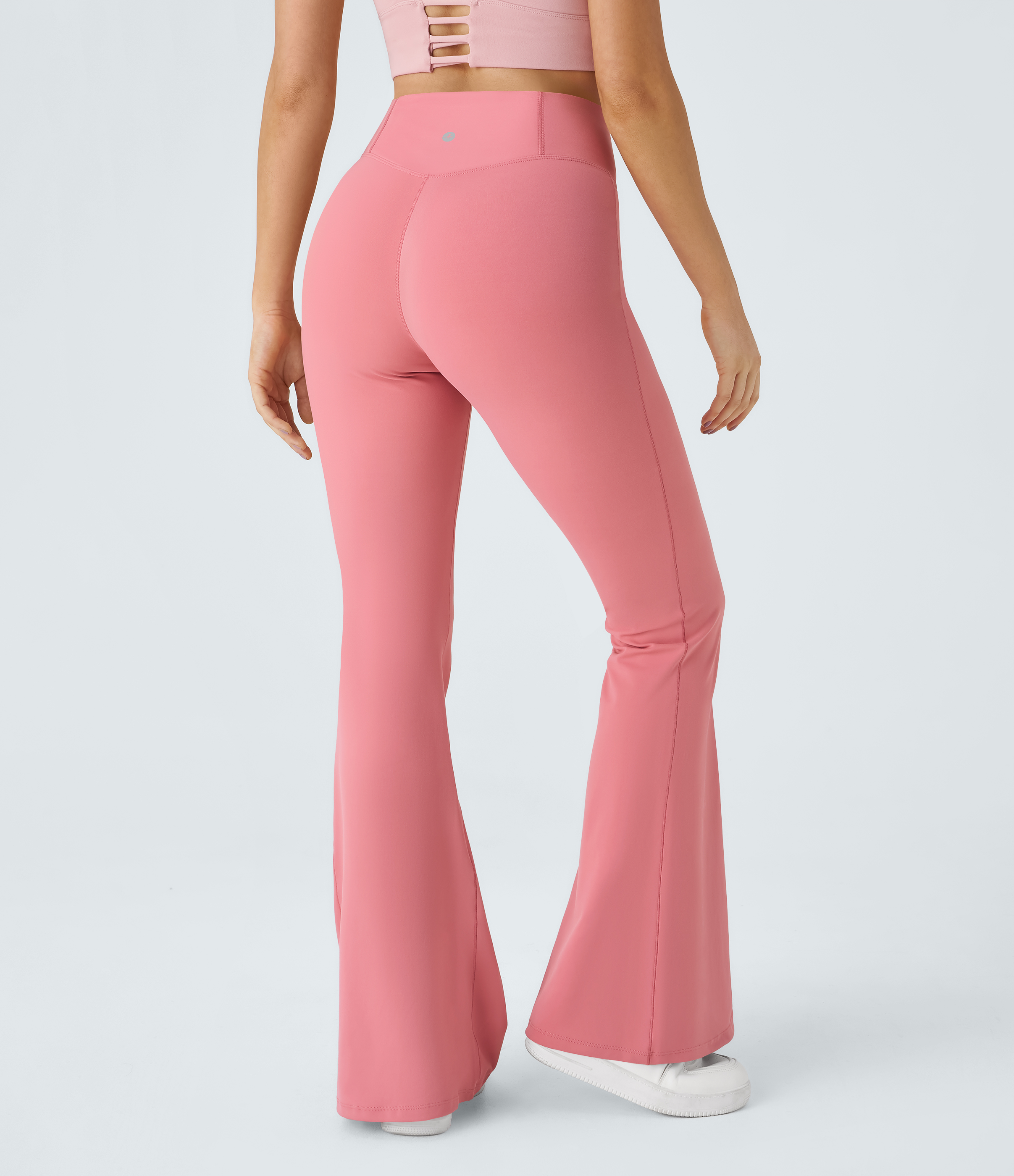 Halara Crossover High Waisted Back Pocket Super Flare Leggings  - Pink Icing - XL(petite) gym leggings leggings with pockets 