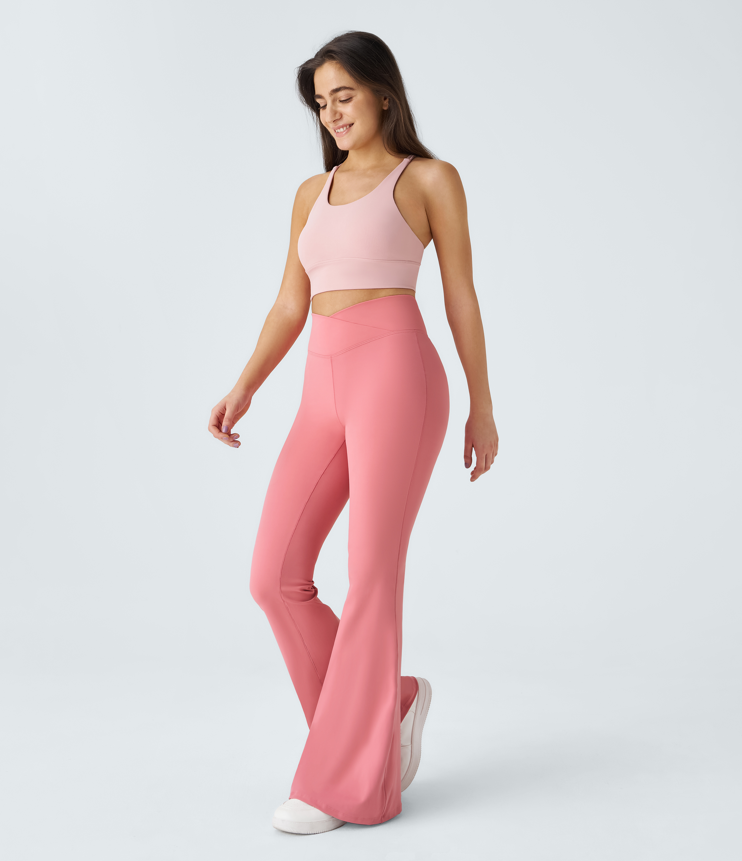 Halara Crossover High Waisted Back Pocket Super Flare Leggings  - Pink Icing - XL(petite) gym leggings leggings with pockets 