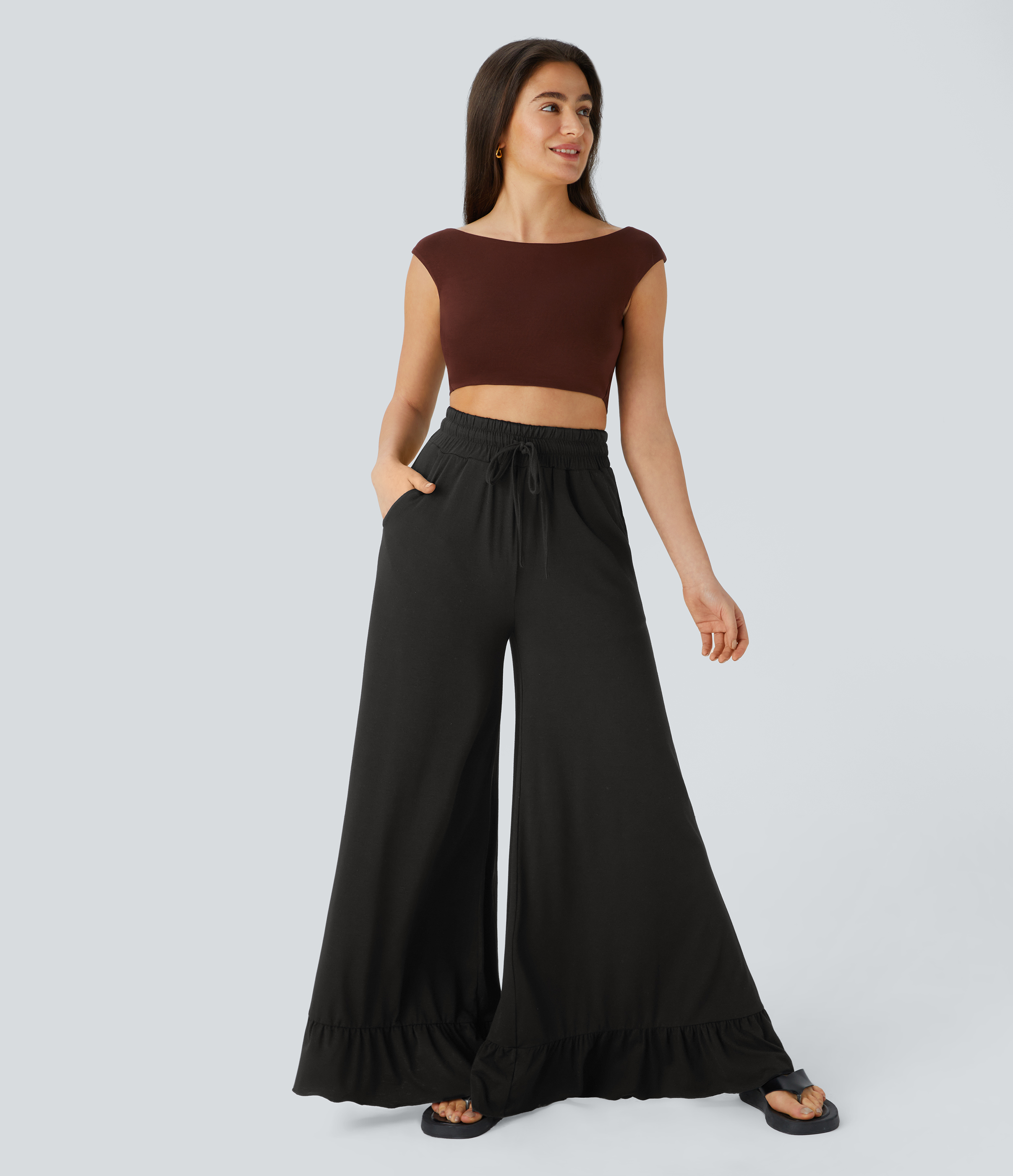 Halara High Waisted Drawstring Side Pocket Ruffle Wide Leg Casual Pants  - Black - M(regular) sweatpants jogger pants stacked sweatpants 