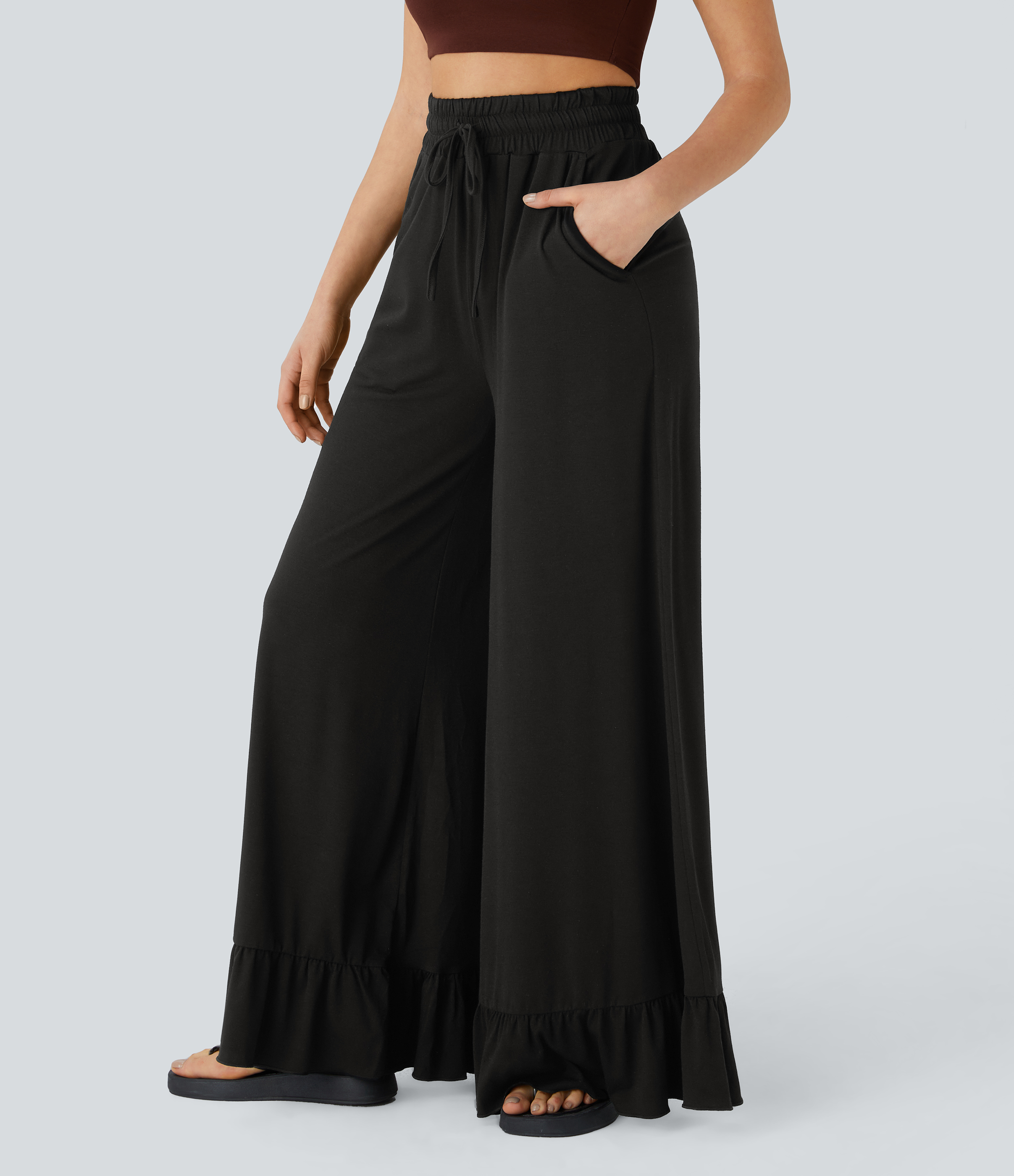 Halara High Waisted Drawstring Side Pocket Ruffle Wide Leg Casual Pants  - Black - M(regular) sweatpants jogger pants stacked sweatpants 
