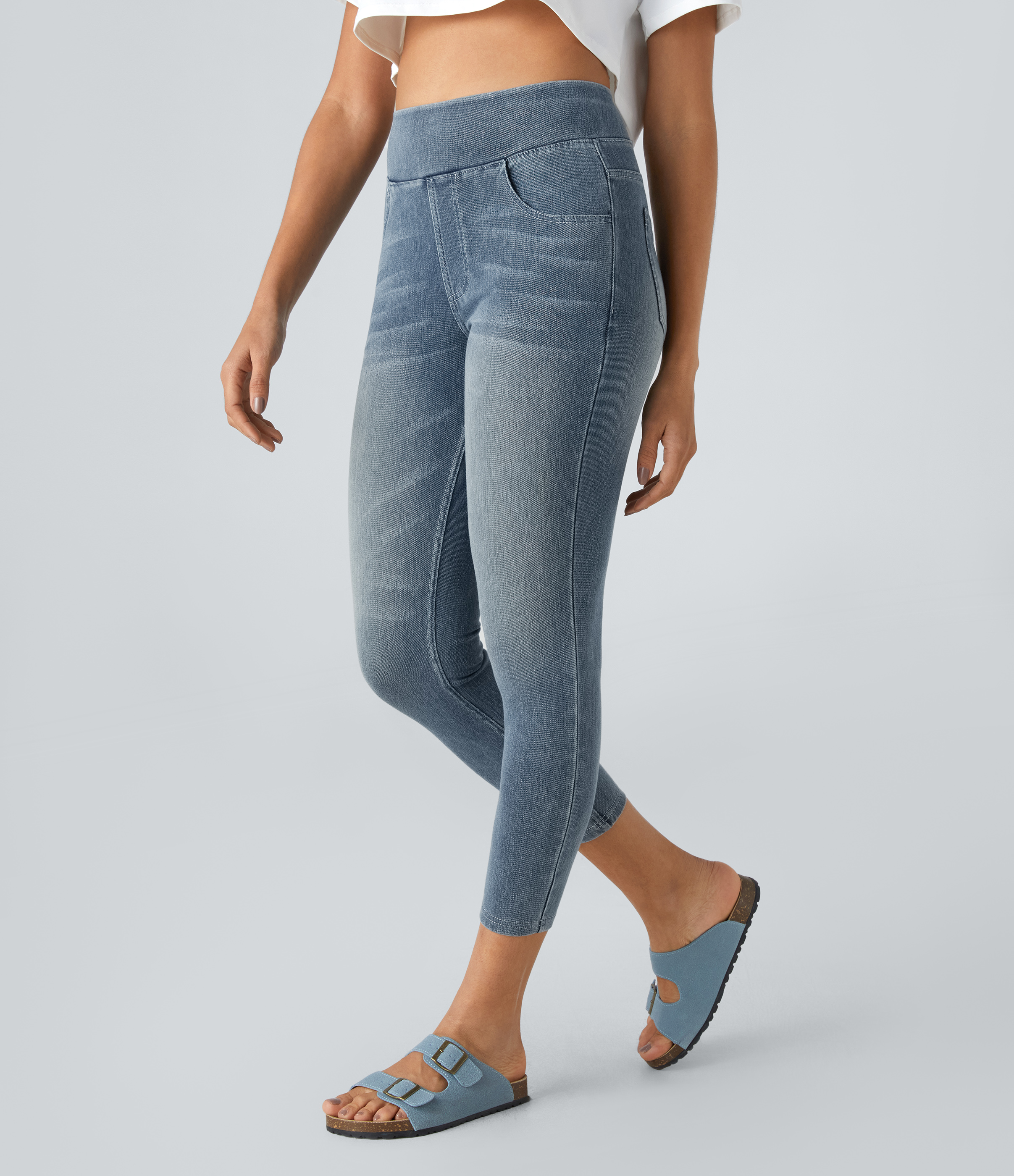 Halara HalaraMagicв„ў High Waisted Back Pocket Stretchy Knit Denim Casual Leggings  - Modern Blue Denim - XS(7/8) 