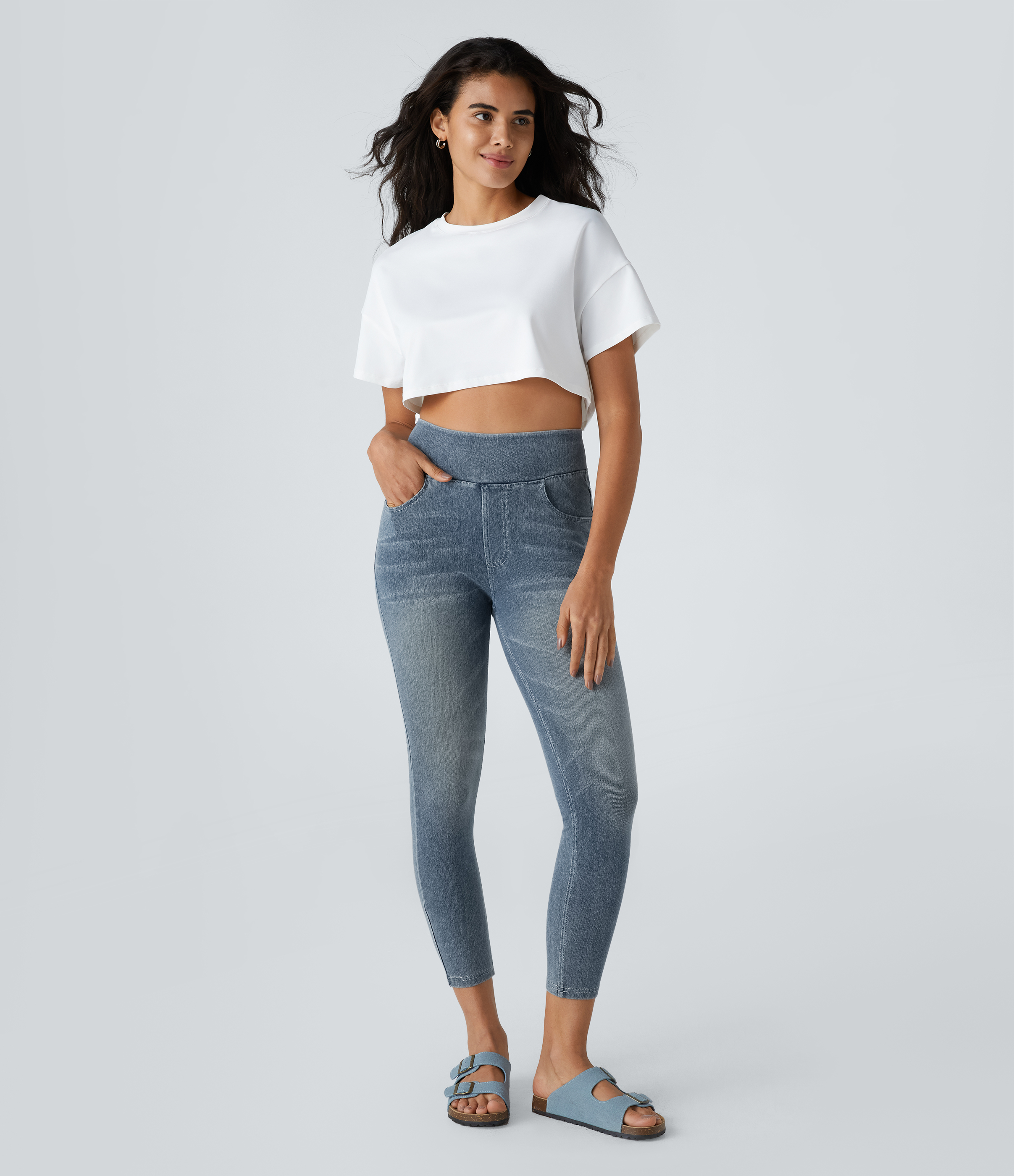 Halara HalaraMagicв„ў High Waisted Back Pocket Stretchy Knit Denim Casual Leggings  - Modern Blue Denim - XS(7/8) 