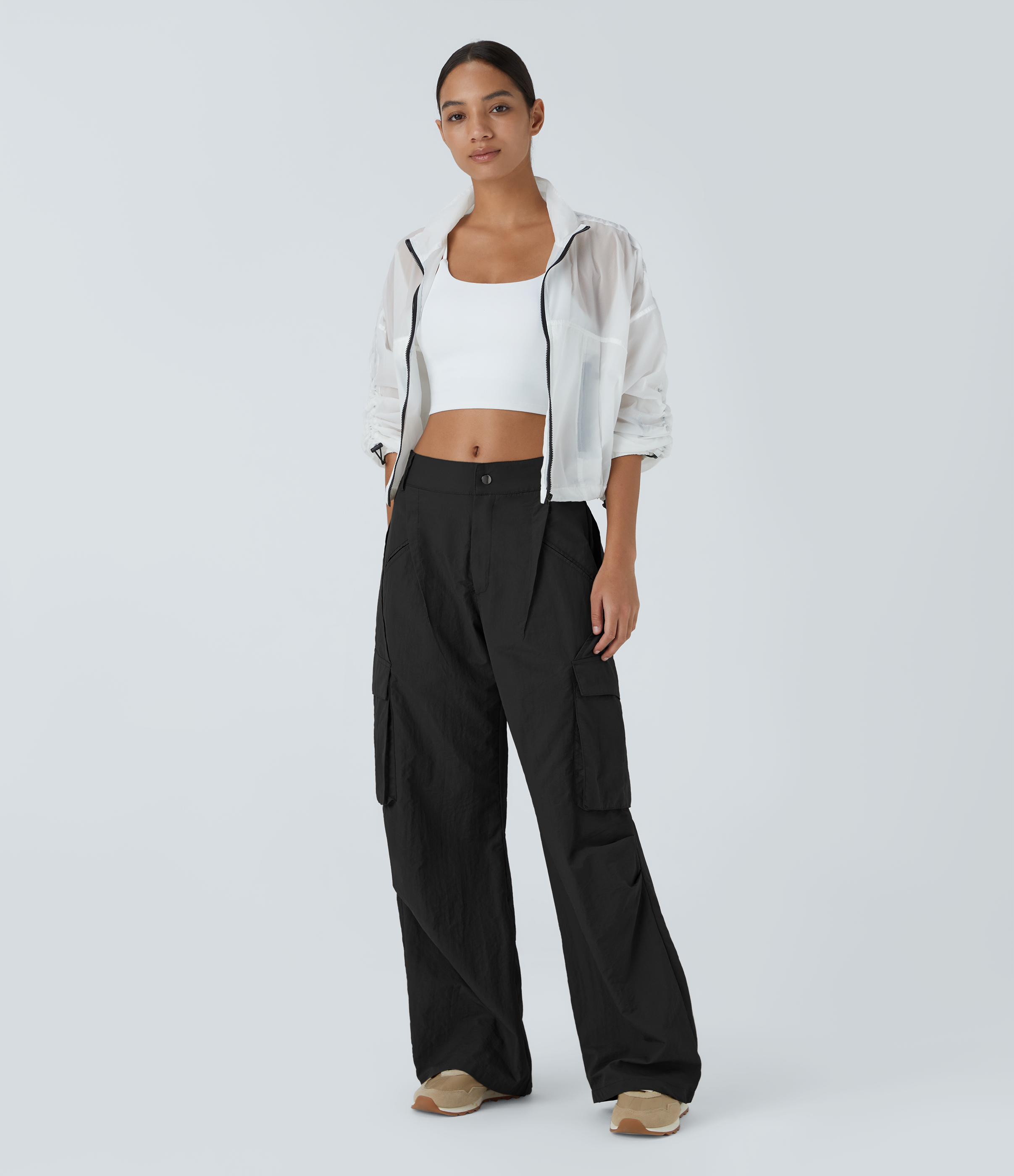 Halara Low Rise Button Zipper Side Pocket Wide Leg Casual Cargo Pants  - Black - L(tall) sweatpants jogger pants stacked sweatpants 