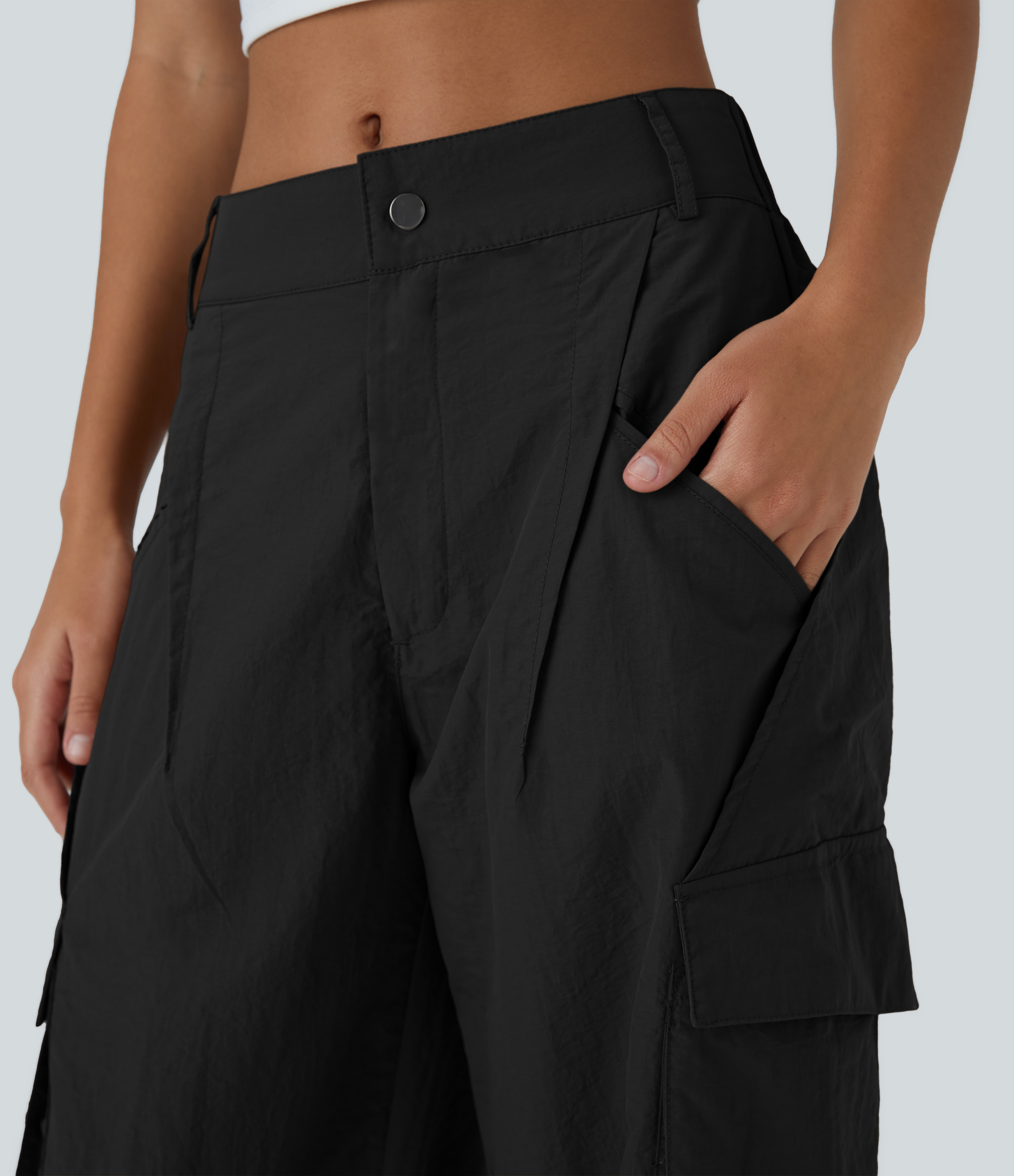 Halara Low Rise Button Zipper Side Pocket Wide Leg Casual Cargo Pants  - Black - L(tall) sweatpants jogger pants stacked sweatpants 