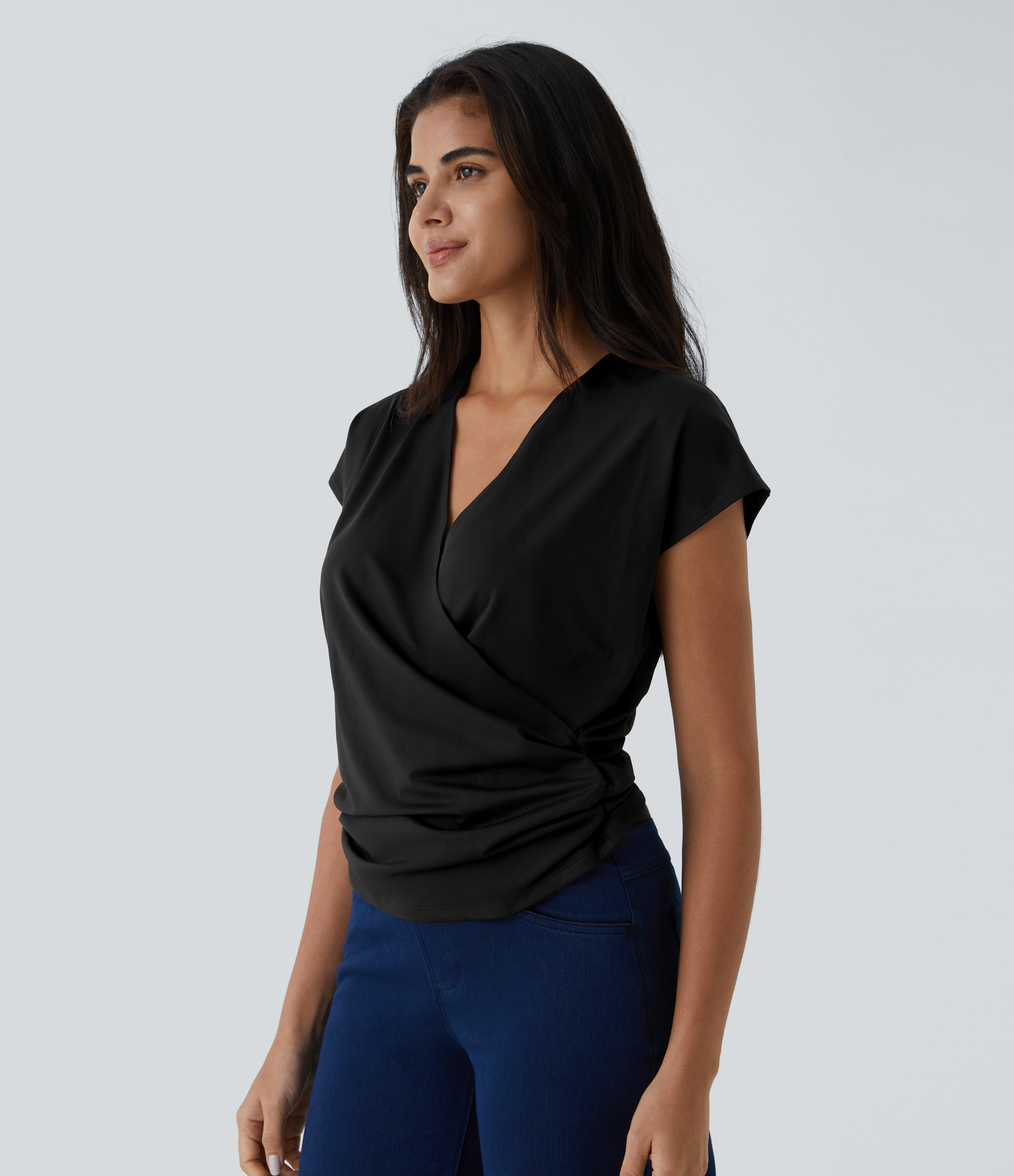 Halara V Neck Cap Sleeve Crossover Ruched Solid Work Blouse  - Black - M 