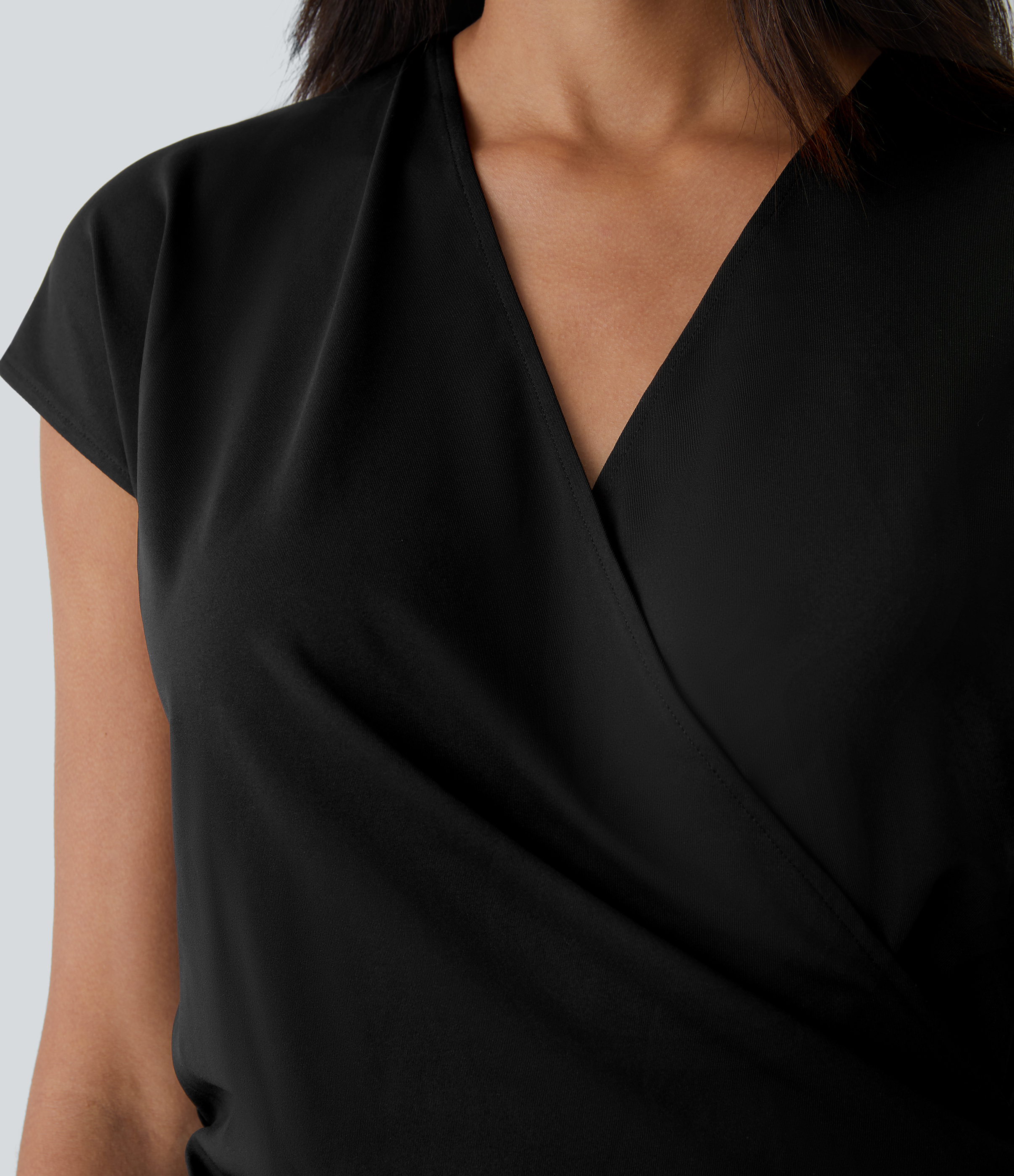 Halara V Neck Cap Sleeve Crossover Ruched Solid Work Blouse  - Black - M 