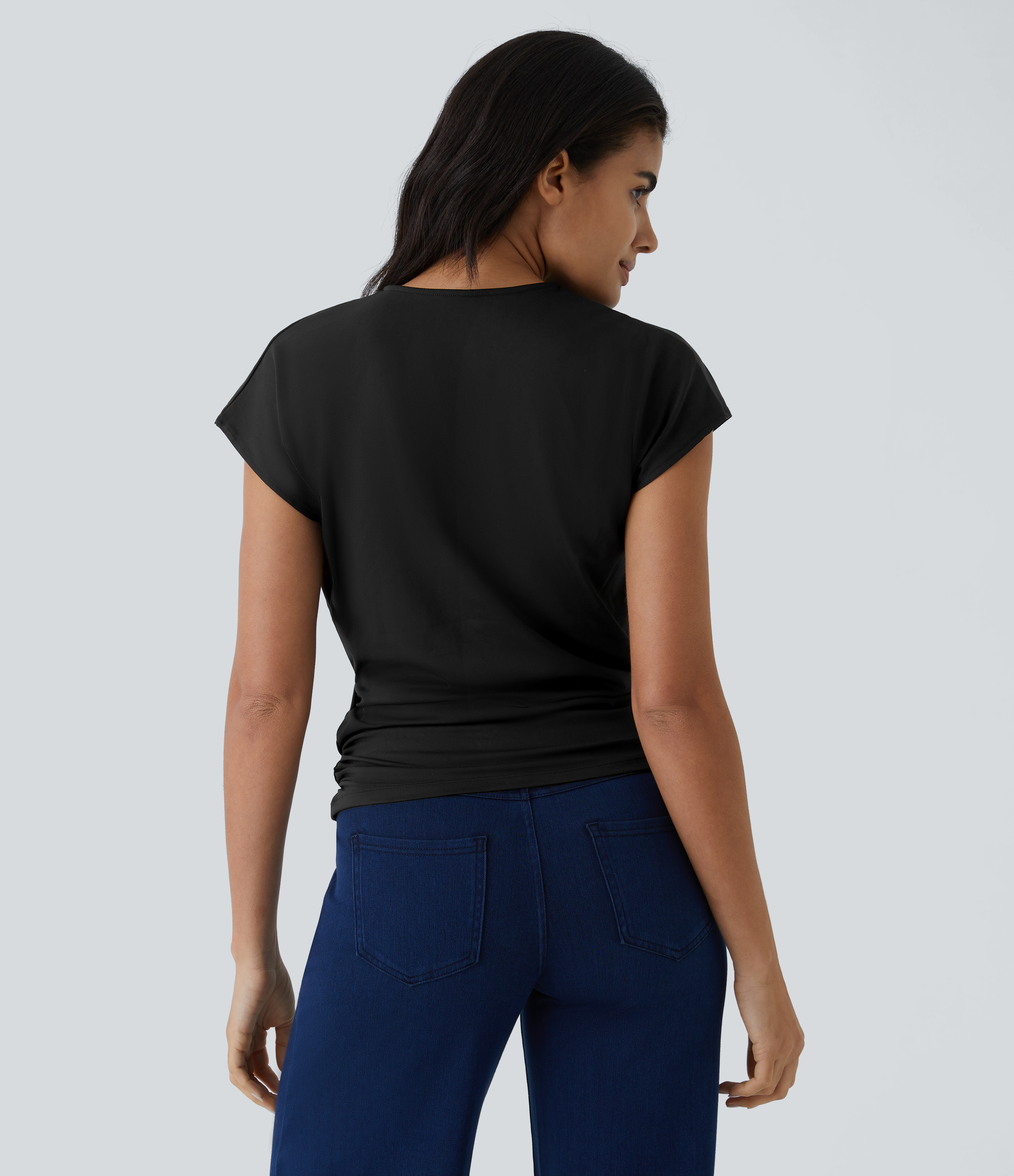 Halara V Neck Cap Sleeve Crossover Ruched Solid Work Blouse  - Black - M 