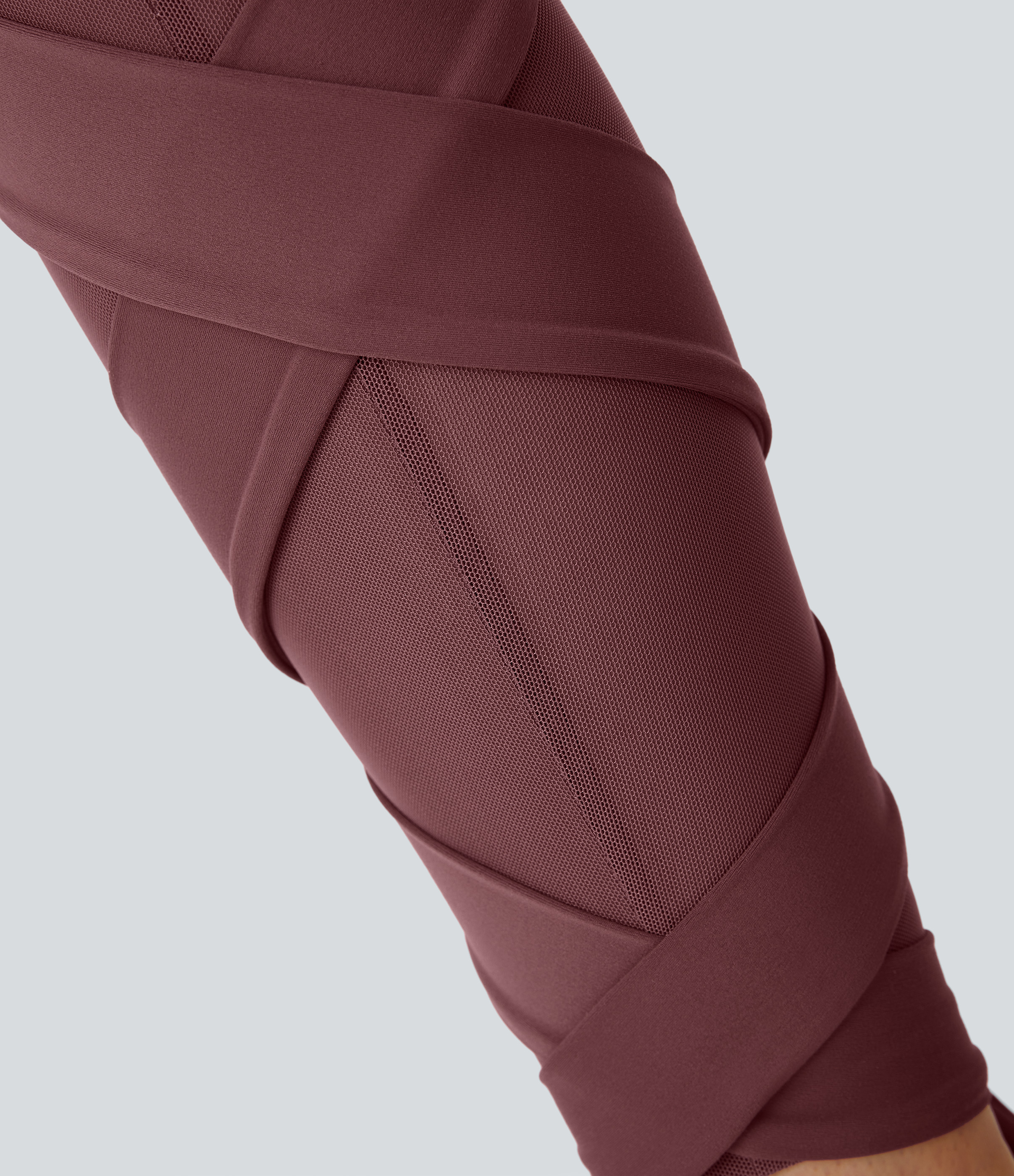 Halara Softlyzeroв„ў High Waisted Contrast Mesh Crisscross Lace Up Yoga 7/8 Leggings-UPF50+  - Red Mahogany - S(7/8) gym leggings 