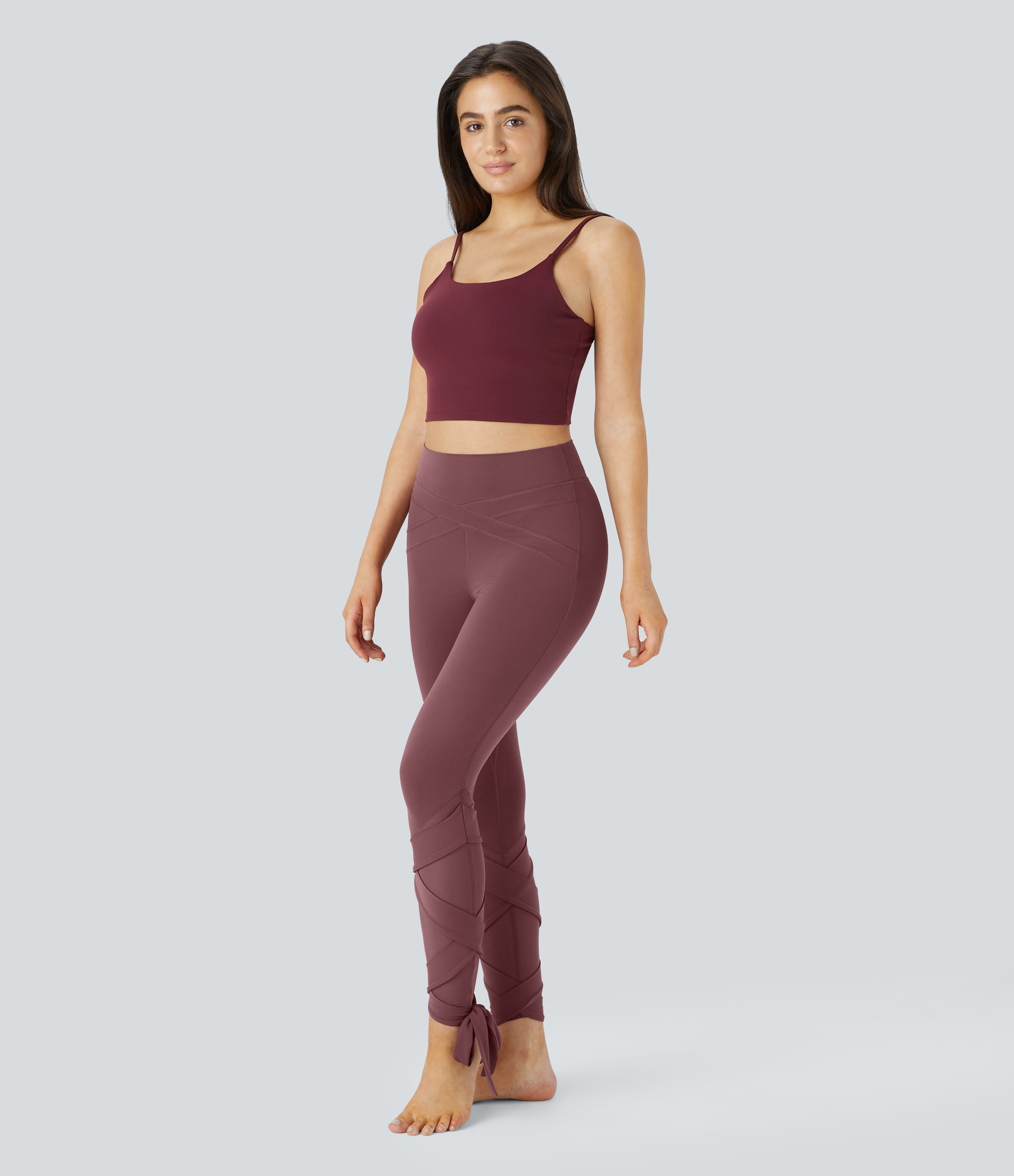 Halara Softlyzeroв„ў High Waisted Contrast Mesh Crisscross Lace Up Yoga 7/8 Leggings-UPF50+  - Red Mahogany - S(7/8) gym leggings 