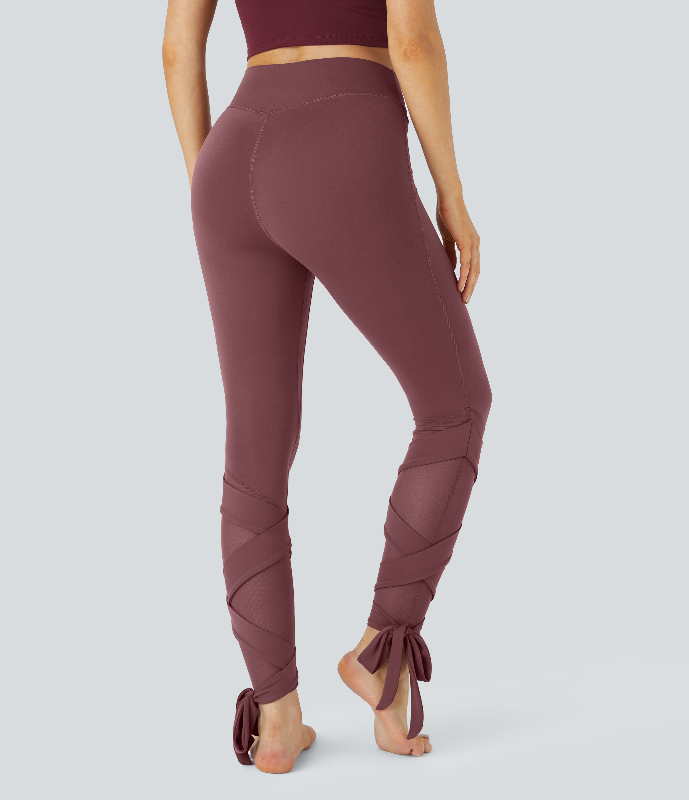 Halara Softlyzeroв„ў High Waisted Contrast Mesh Crisscross Lace Up Yoga 7/8 Leggings-UPF50+  - Red Mahogany - S(7/8) gym leggings 