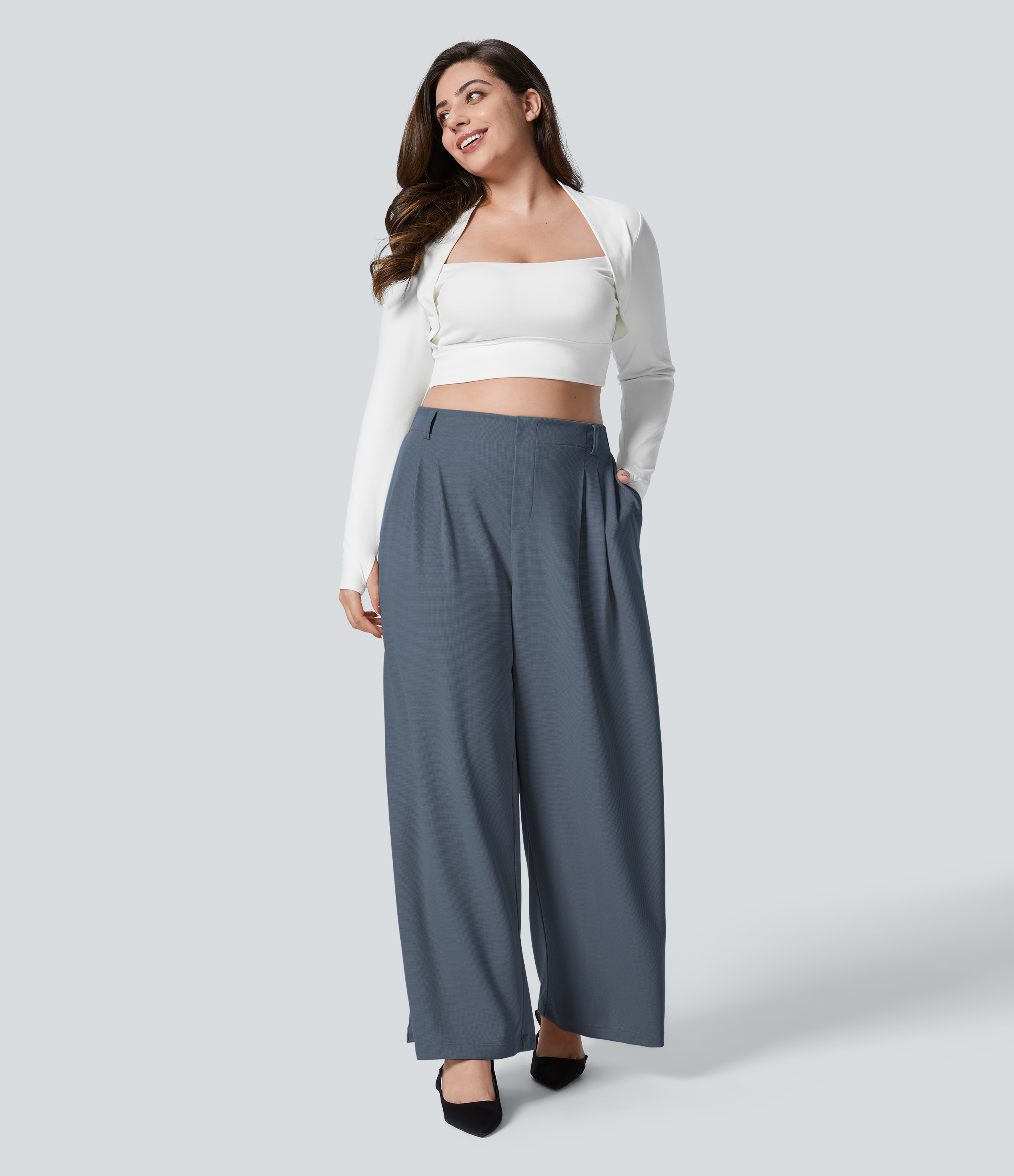 Halara High Waisted Plicated Side Pocket Wide Leg Waffle Work Plus Size Pants  - Grisaille - 1X(regular) 