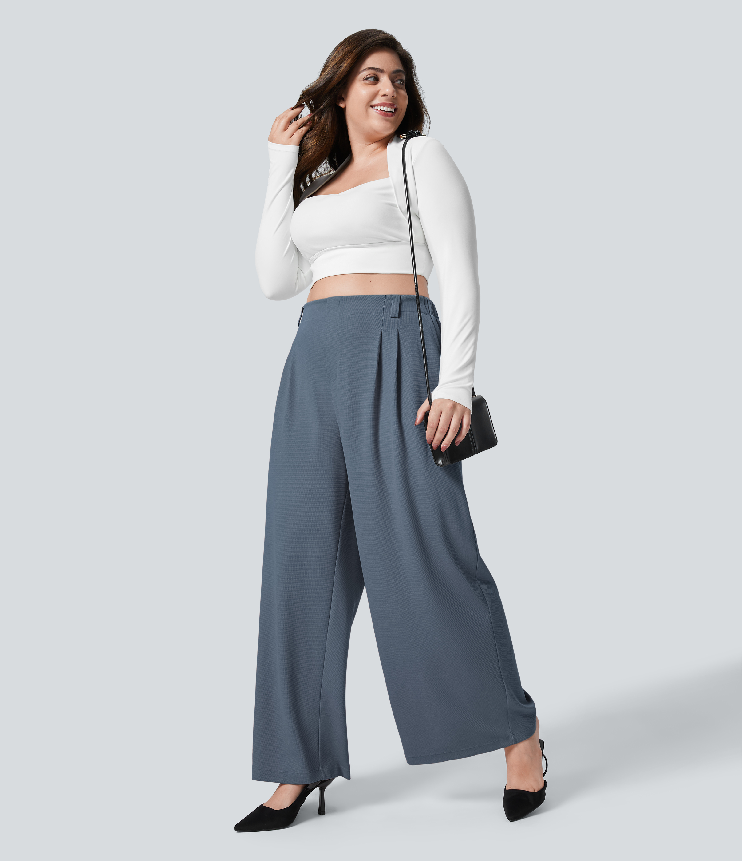 Halara High Waisted Plicated Side Pocket Wide Leg Waffle Work Plus Size Pants  - Grisaille - 1X(regular) 
