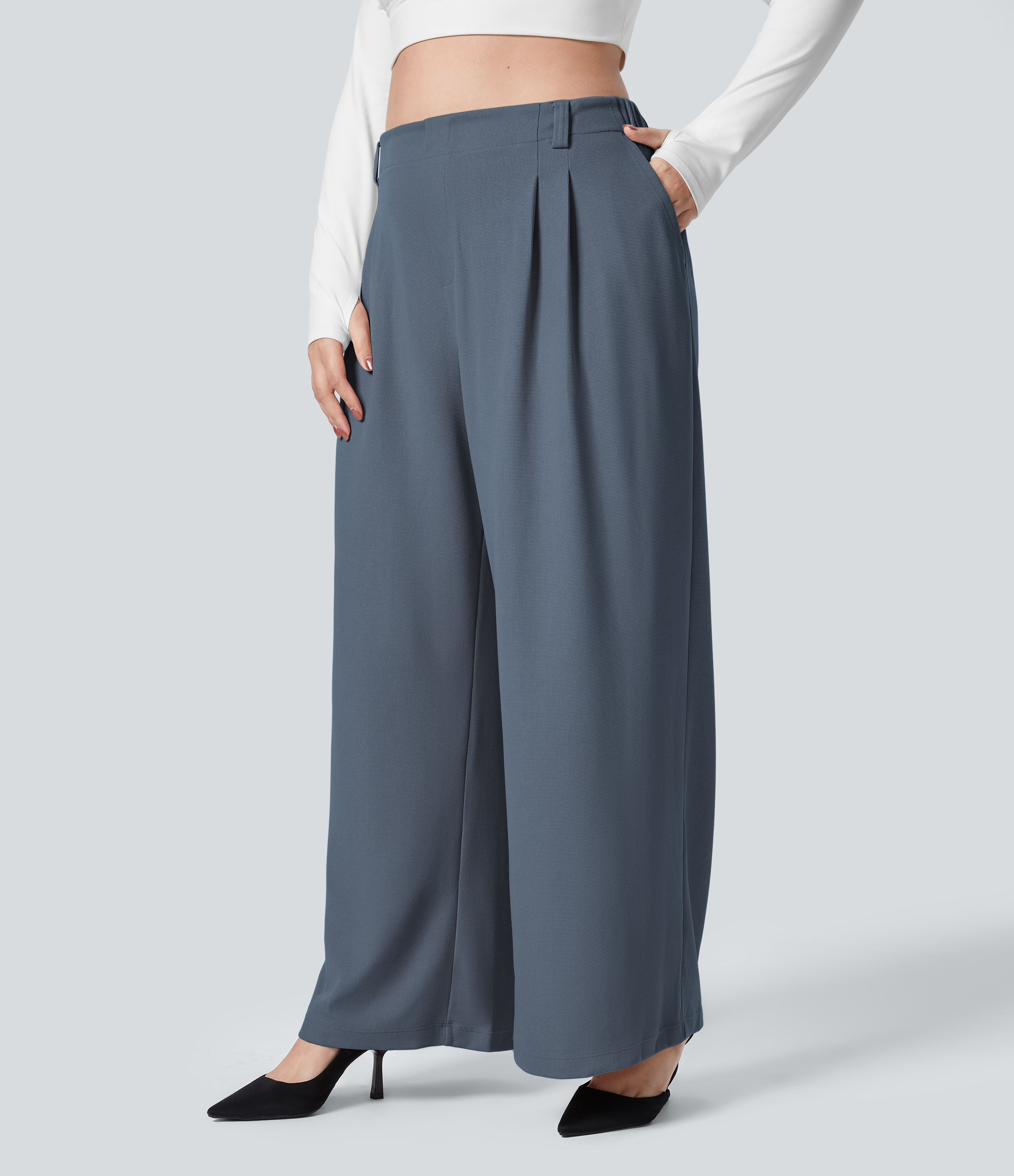Halara High Waisted Plicated Side Pocket Wide Leg Waffle Work Plus Size Pants  - Grisaille - 1X(regular) 