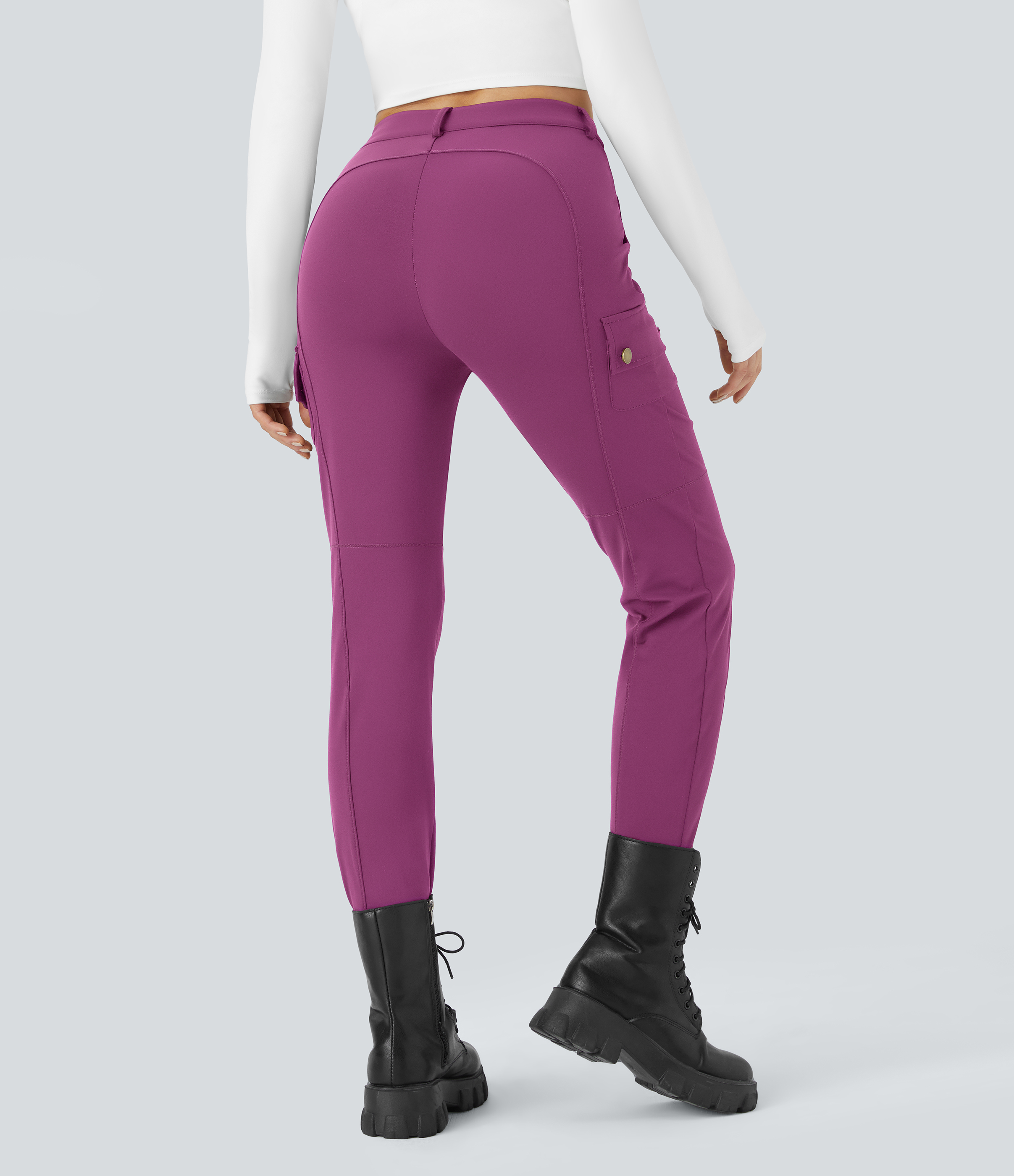 Halara High Waisted Button Zipper Multiple Pockets Solid Skinny Cargo Pants  - Deep Orchid - L(regular) 