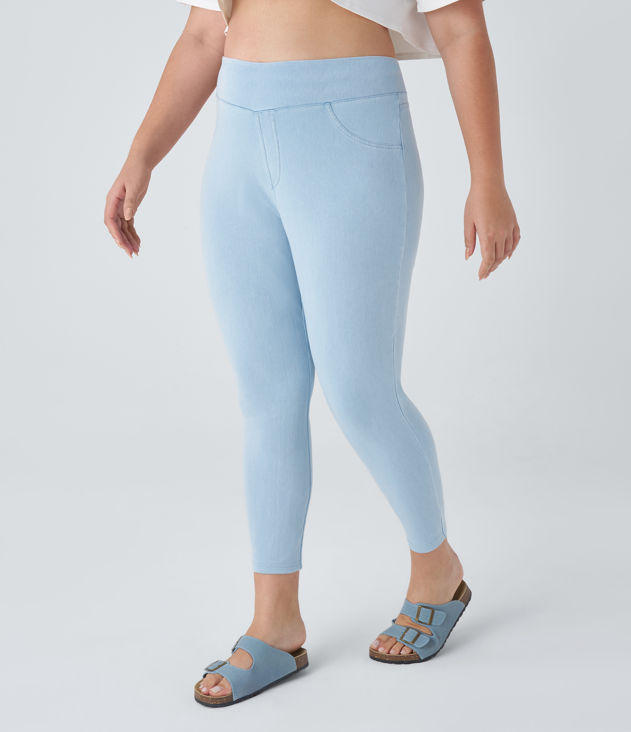 Halara HalaraMagicв„ў High Waisted Back Side Pocket Stretchy Knit Denim Plus Size Casual Leggings  - Washed Denim Light Blue - 3X 