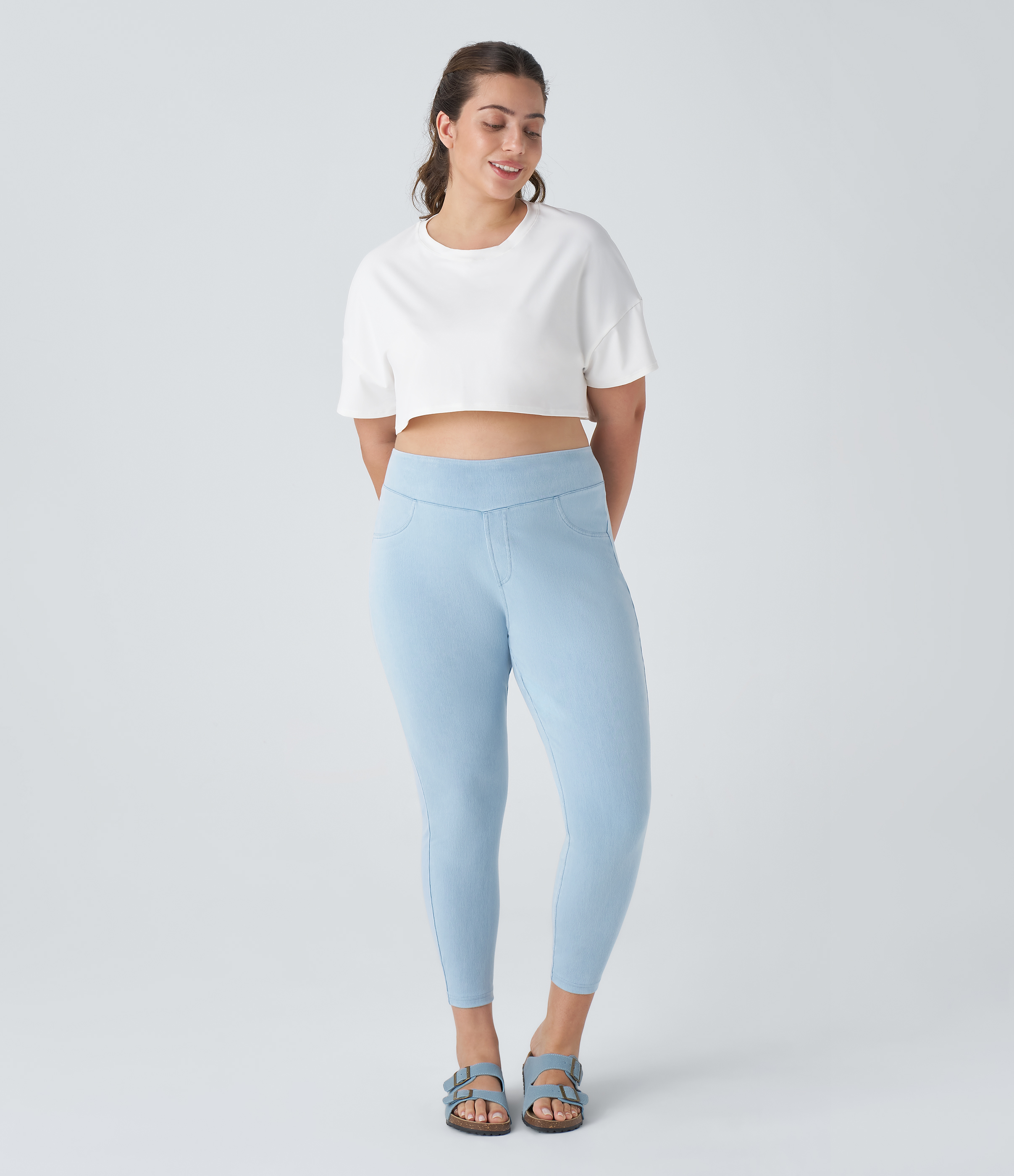 Halara HalaraMagicв„ў High Waisted Back Side Pocket Stretchy Knit Denim Plus Size Casual Leggings  - Washed Denim Light Blue - 3X 