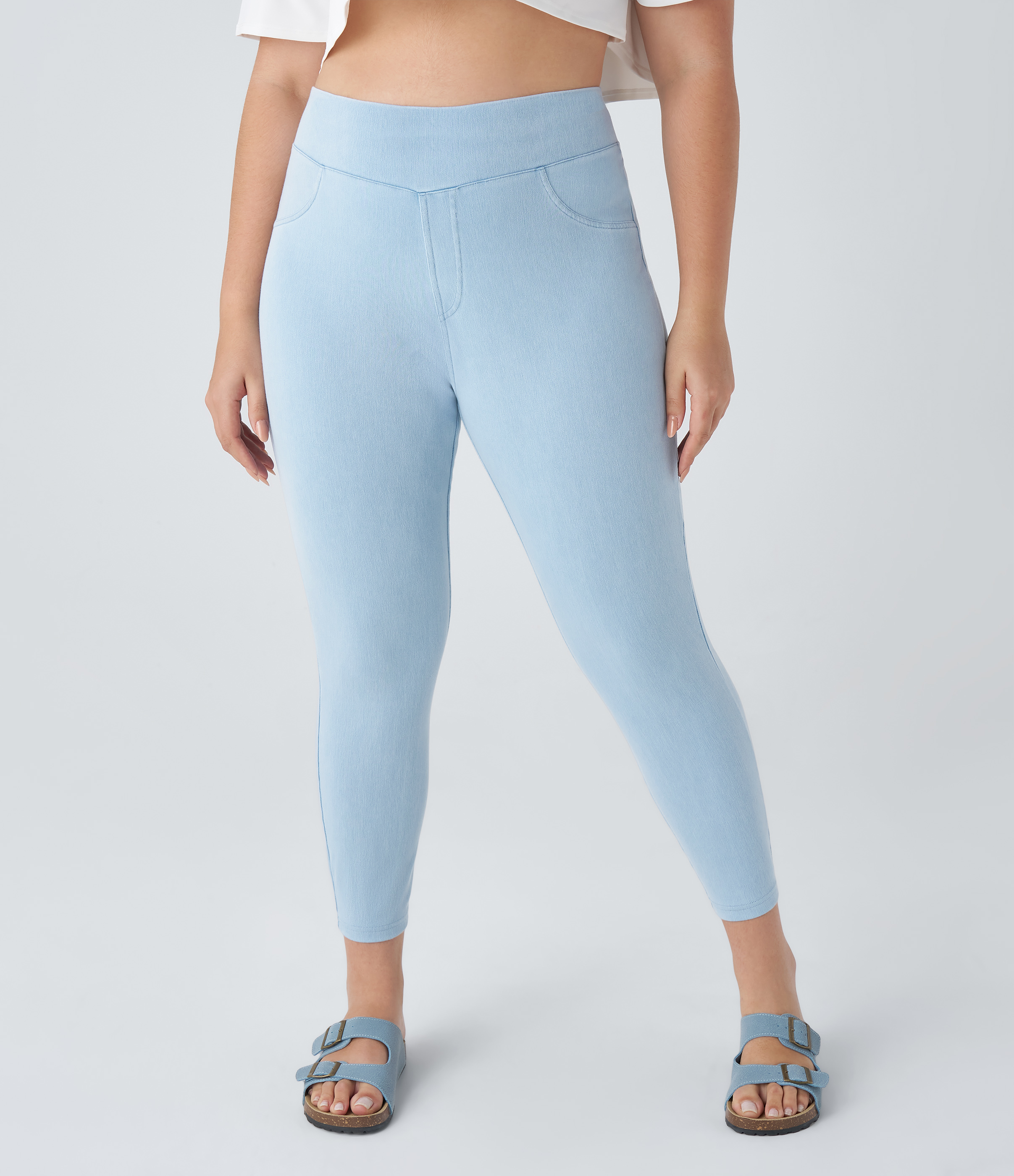 Halara HalaraMagicв„ў High Waisted Back Side Pocket Stretchy Knit Denim Plus Size Casual Leggings  - Washed Denim Light Blue - 3X 