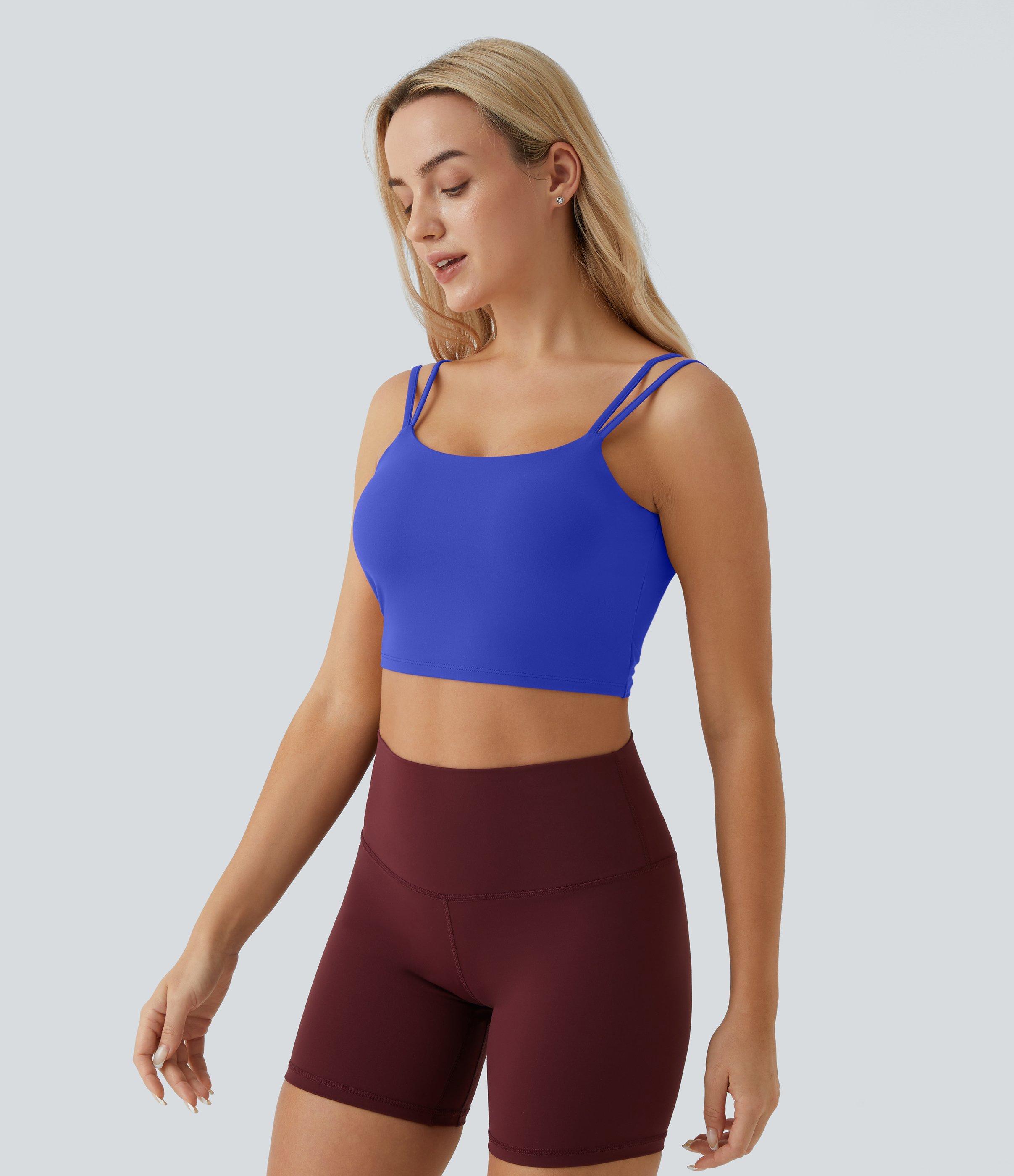 Halara In My Feels Double Straps Backless Twisted Cropped Yoga Tank Top Tank Top - Night Sky Blue - L golf tops halter top tunic tops 