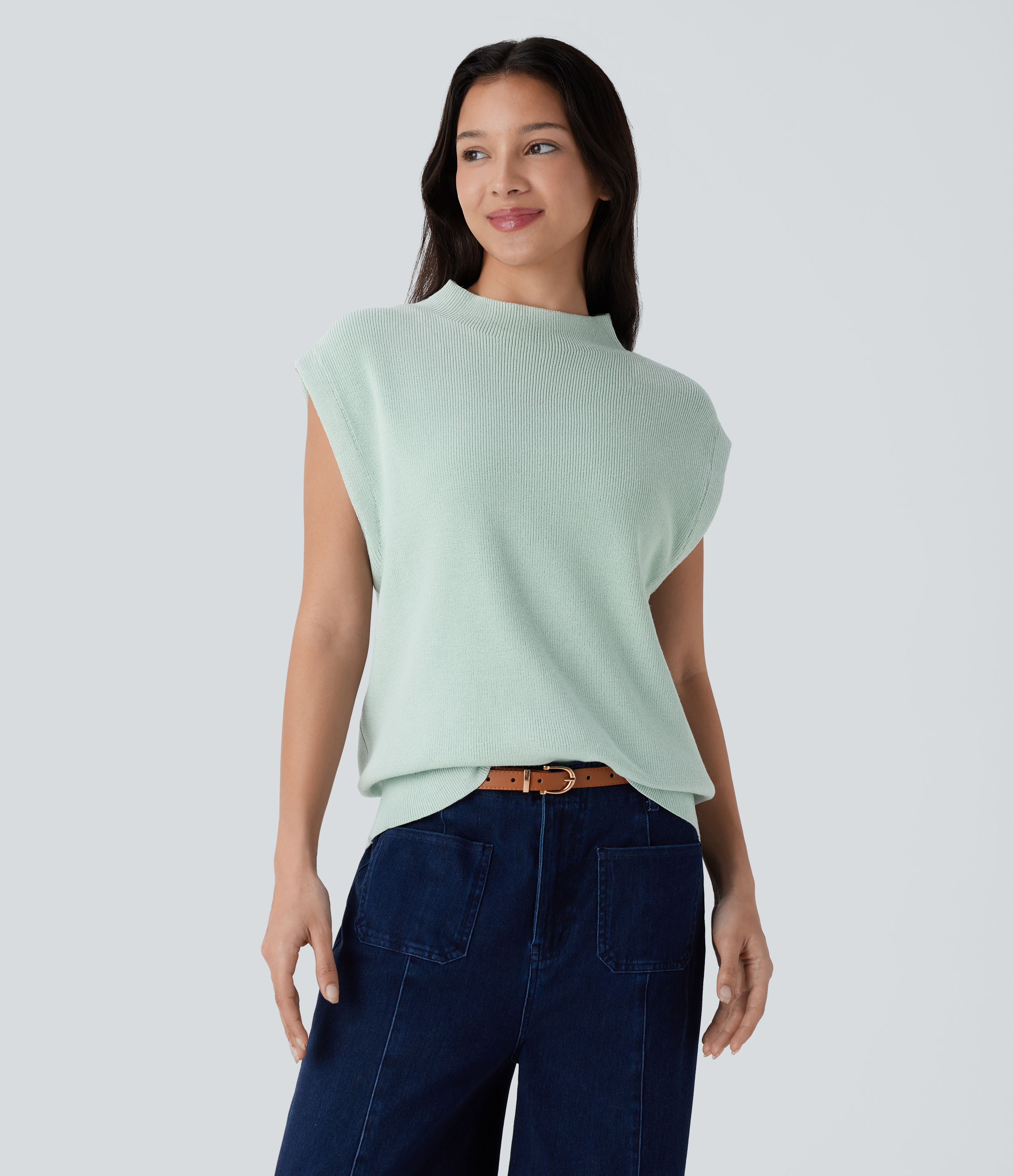 Halara Mock Neck Cap Sleeve Casual Sweater  - Silt Green - M 