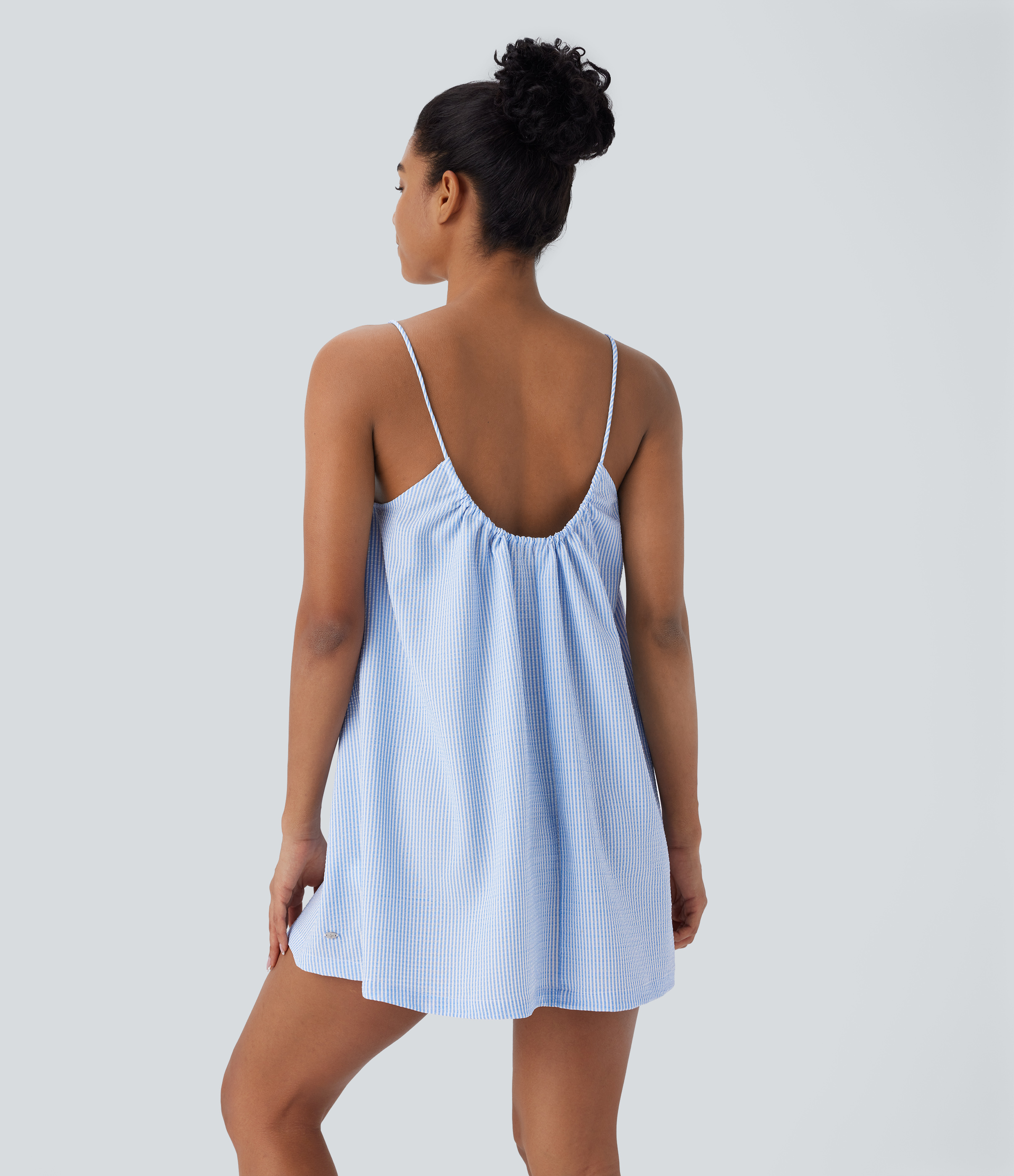 Halara Adjustable Tie Neck Cut Out Stripe Mini Lounge Slip Dress Casual Dress - Azure White Stripe - M slip dress beach dress ruched dress 