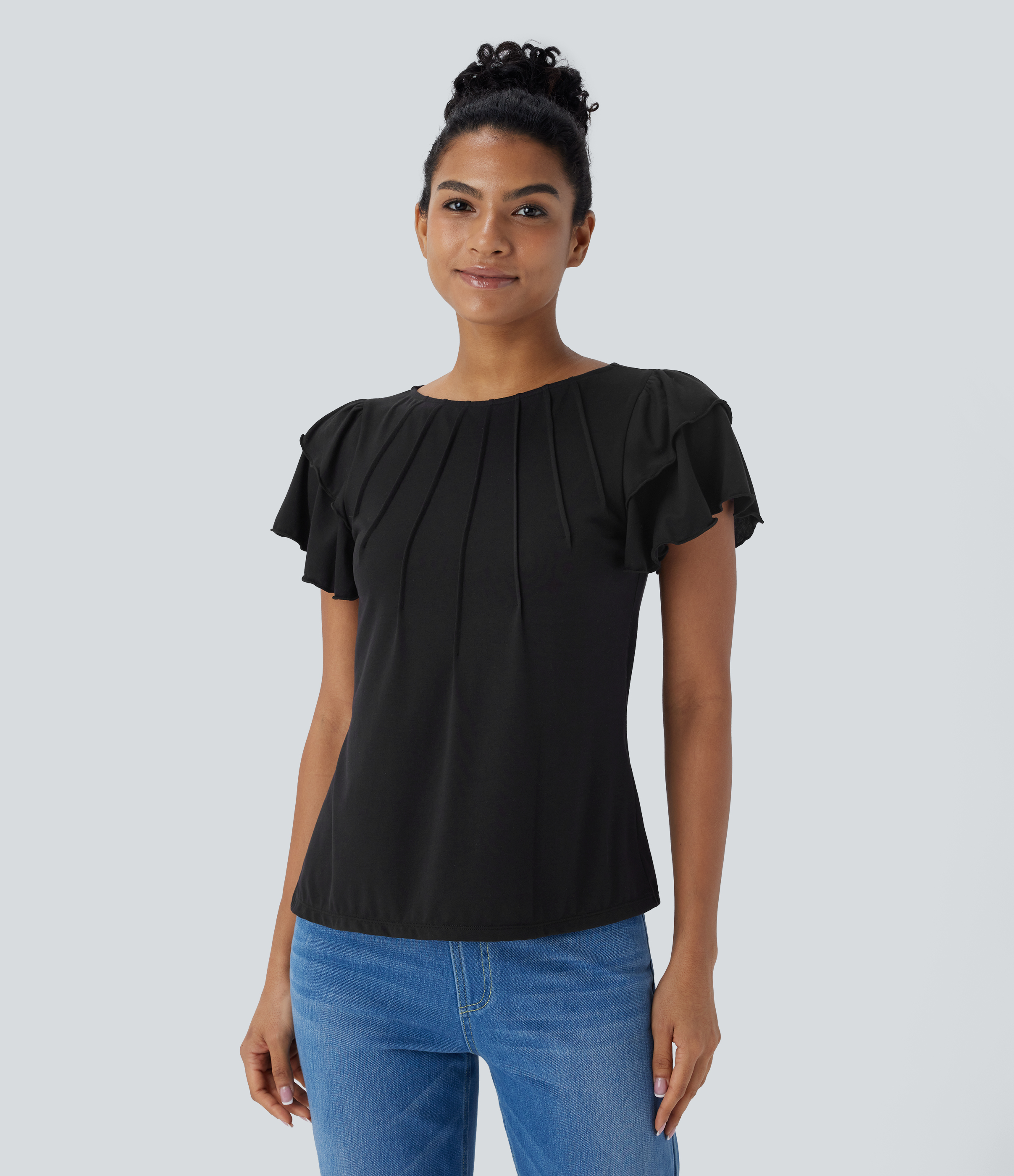 Halara Boat Neck Ruffle Short Sleeve Casual Top Tank Top - Black - S golf tops halter top tunic tops sleeveless tops backless top 