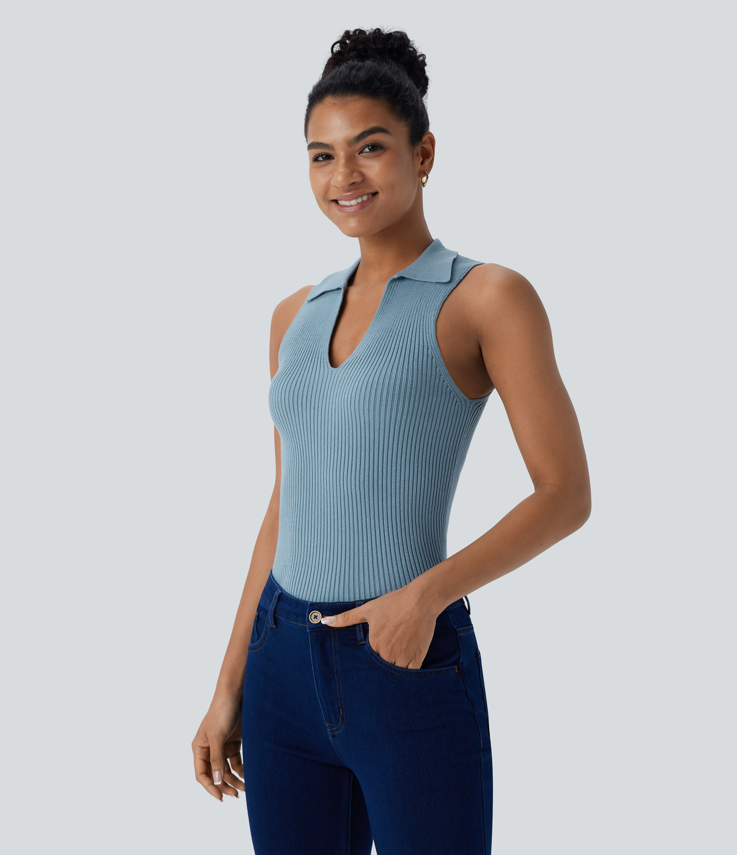 Halara Collared V Neck Sleeveless Casual Sweater  - Forget-Me-Not - XS 