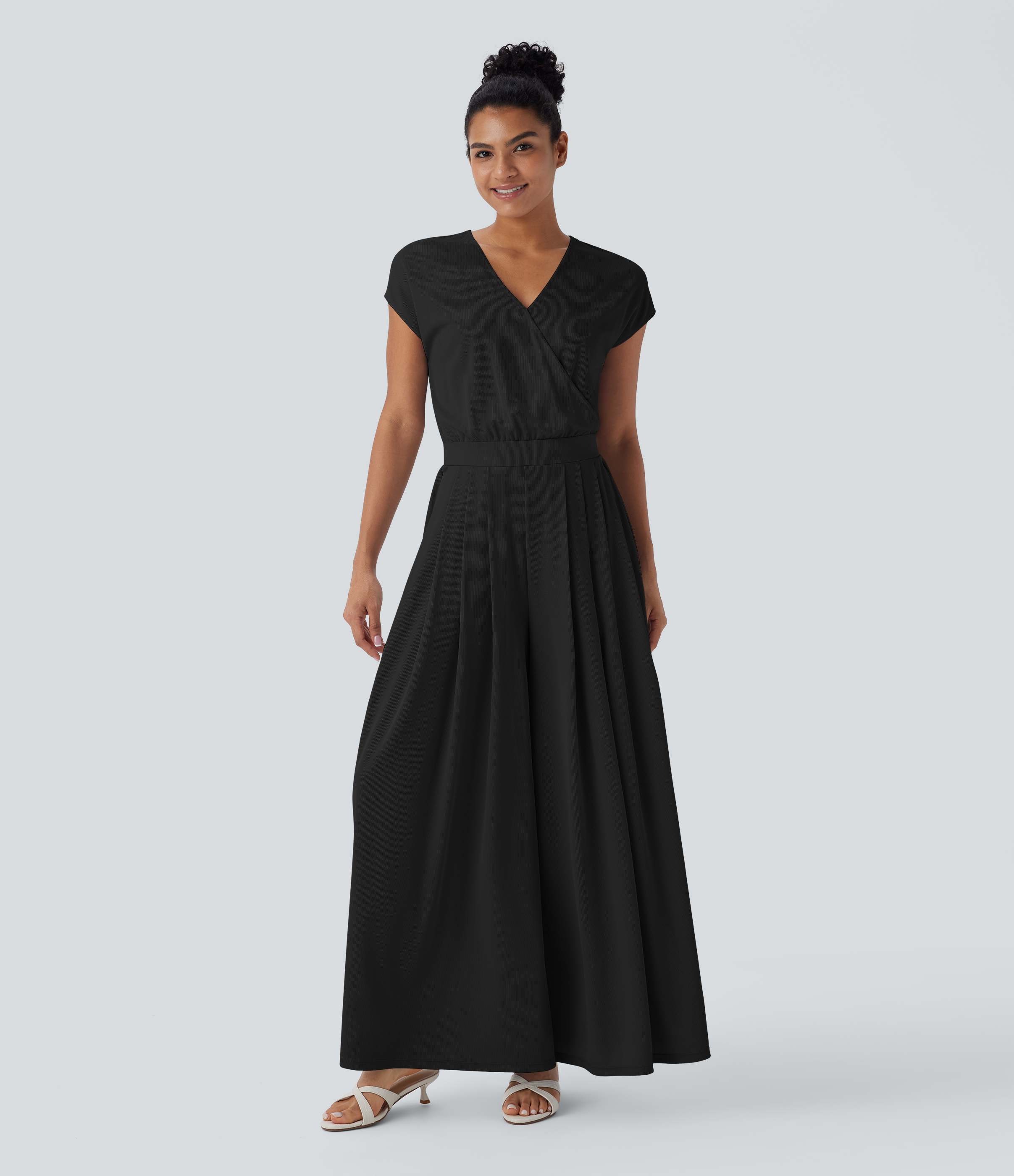 V Neck Short Sleeve Pocket Wide Leg Flowy Waffle Casual Jumpsuit-Easy Peezy Edition
