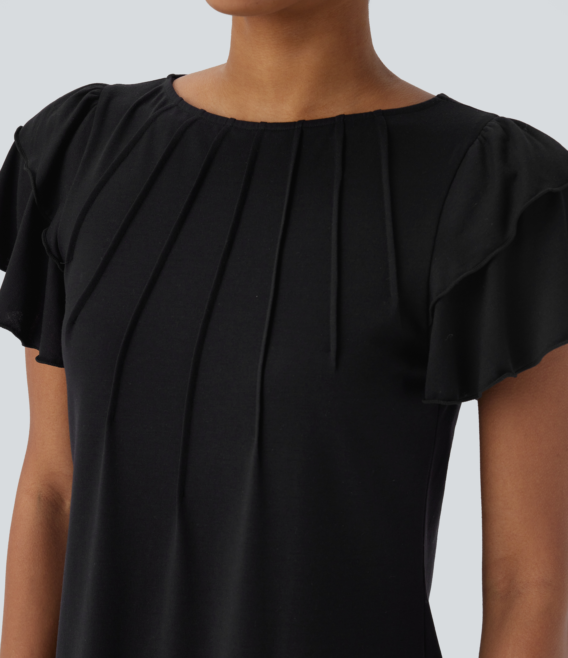 Halara Boat Neck Ruffle Short Sleeve Casual Top Tank Top - Black - S golf tops halter top tunic tops sleeveless tops backless top 
