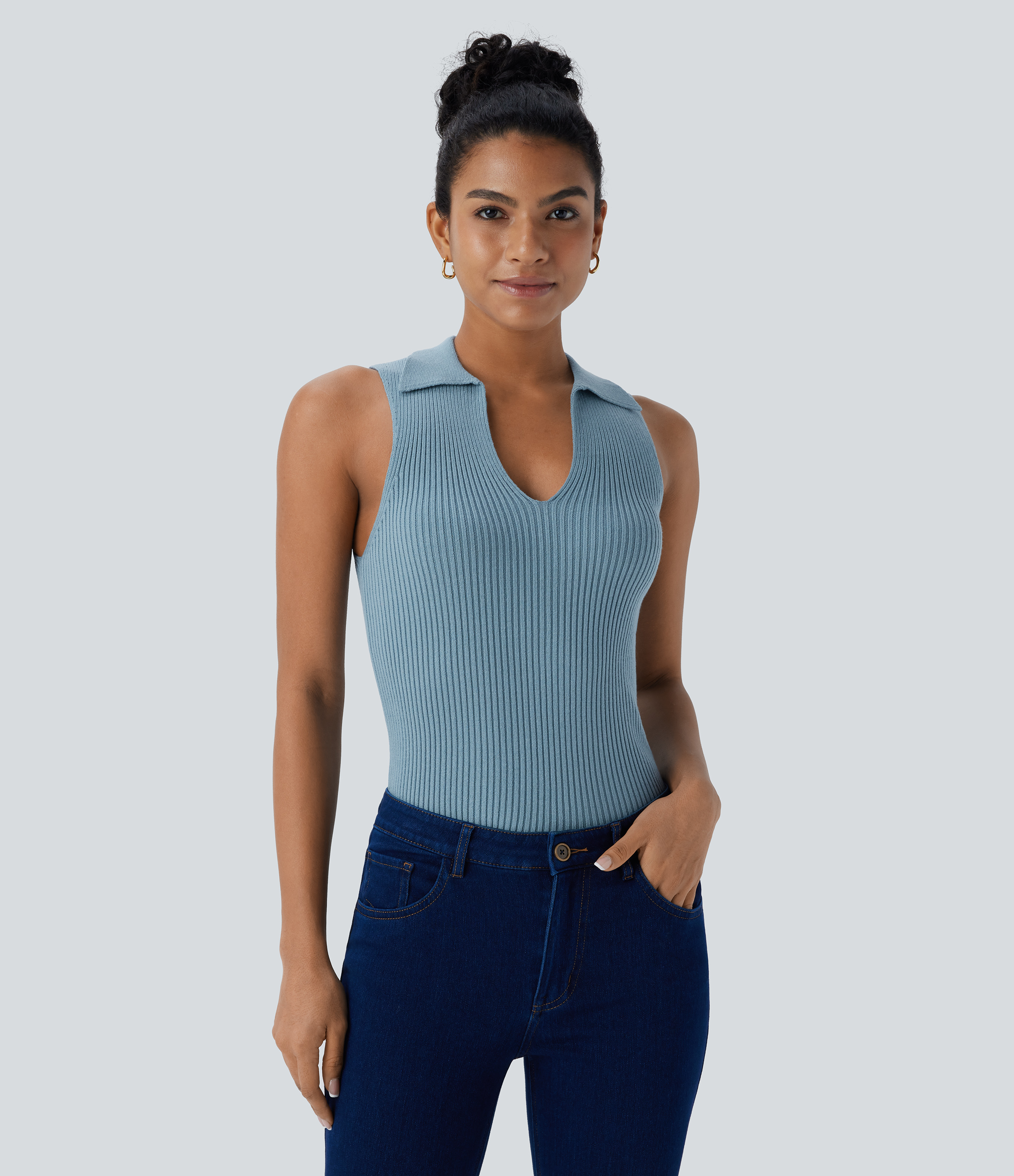Halara Collared V Neck Sleeveless Casual Sweater  - Forget-Me-Not - XS 