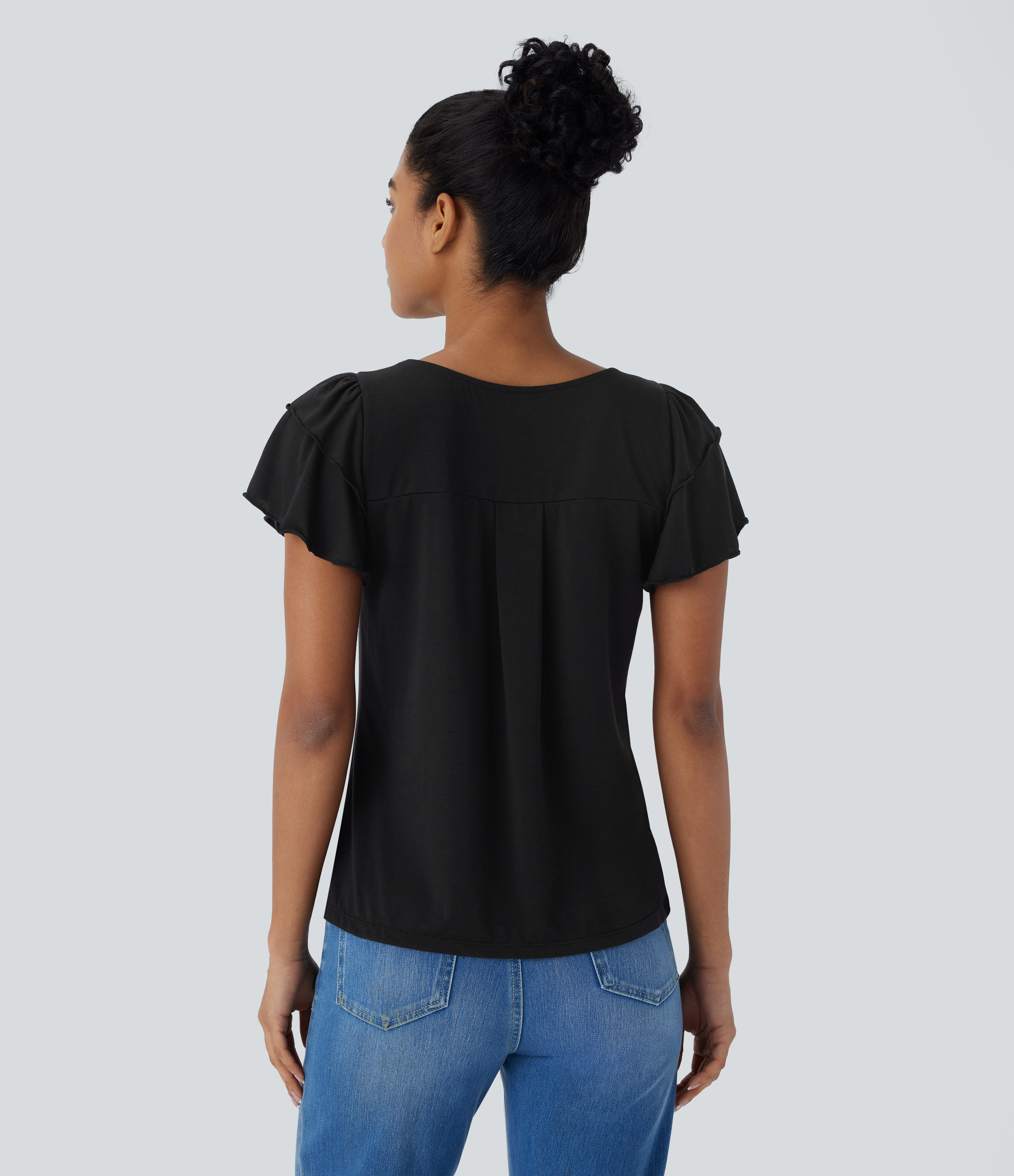 Halara Boat Neck Ruffle Short Sleeve Casual Top Tank Top - Black - S golf tops halter top tunic tops sleeveless tops backless top 