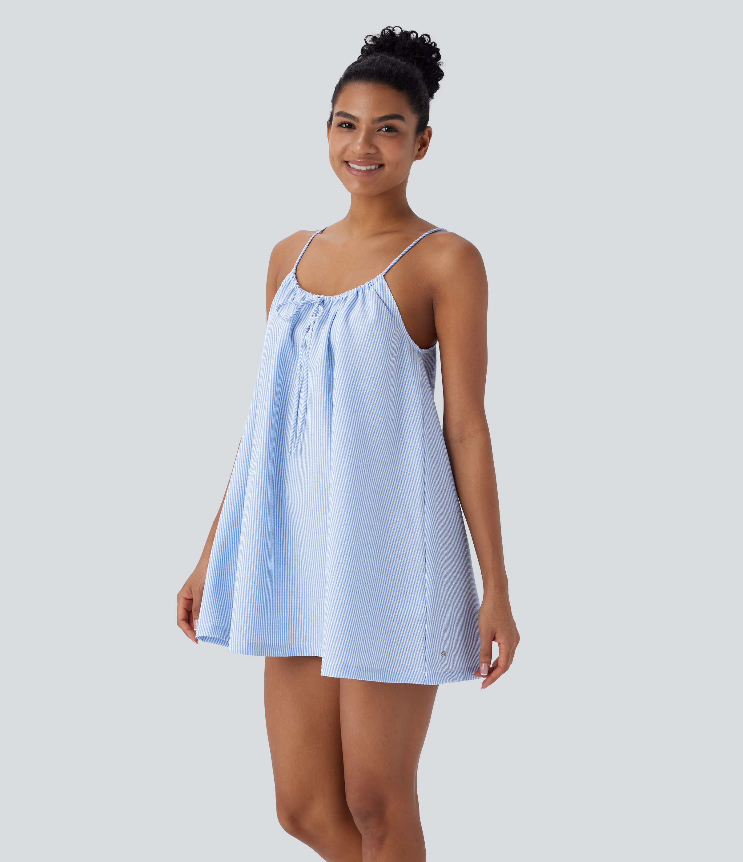 Halara Adjustable Tie Neck Cut Out Stripe Mini Lounge Slip Dress Casual Dress - Azure White Stripe - M slip dress beach dress ruched dress 