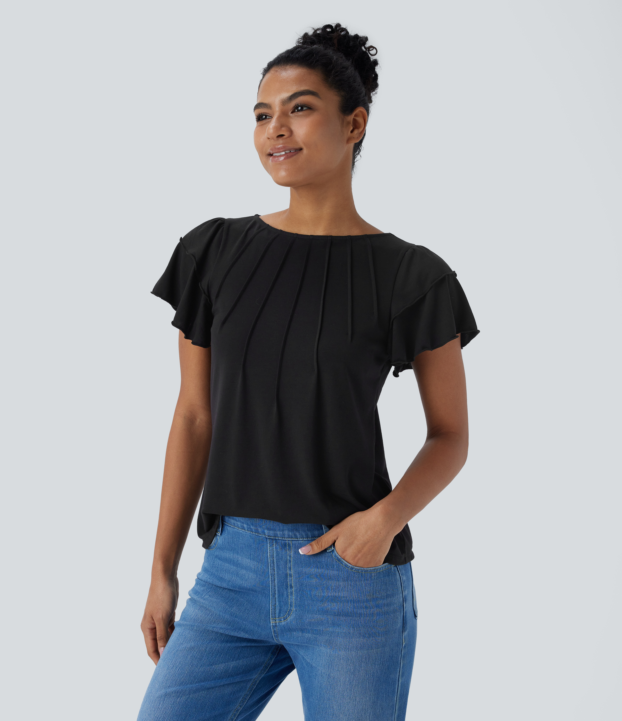 Halara Boat Neck Ruffle Short Sleeve Casual Top Tank Top - Black - S golf tops halter top tunic tops sleeveless tops backless top 