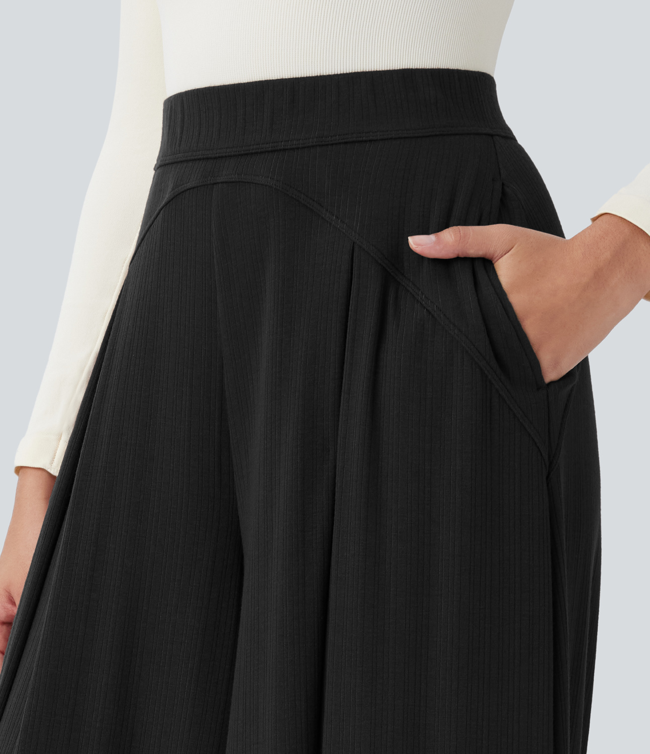 Halara Ribbed Knit Super High Waisted Side Pocket Wide Leg Palazzo Casual Pants  - Black - S(regular) sweatpants jogger pants 