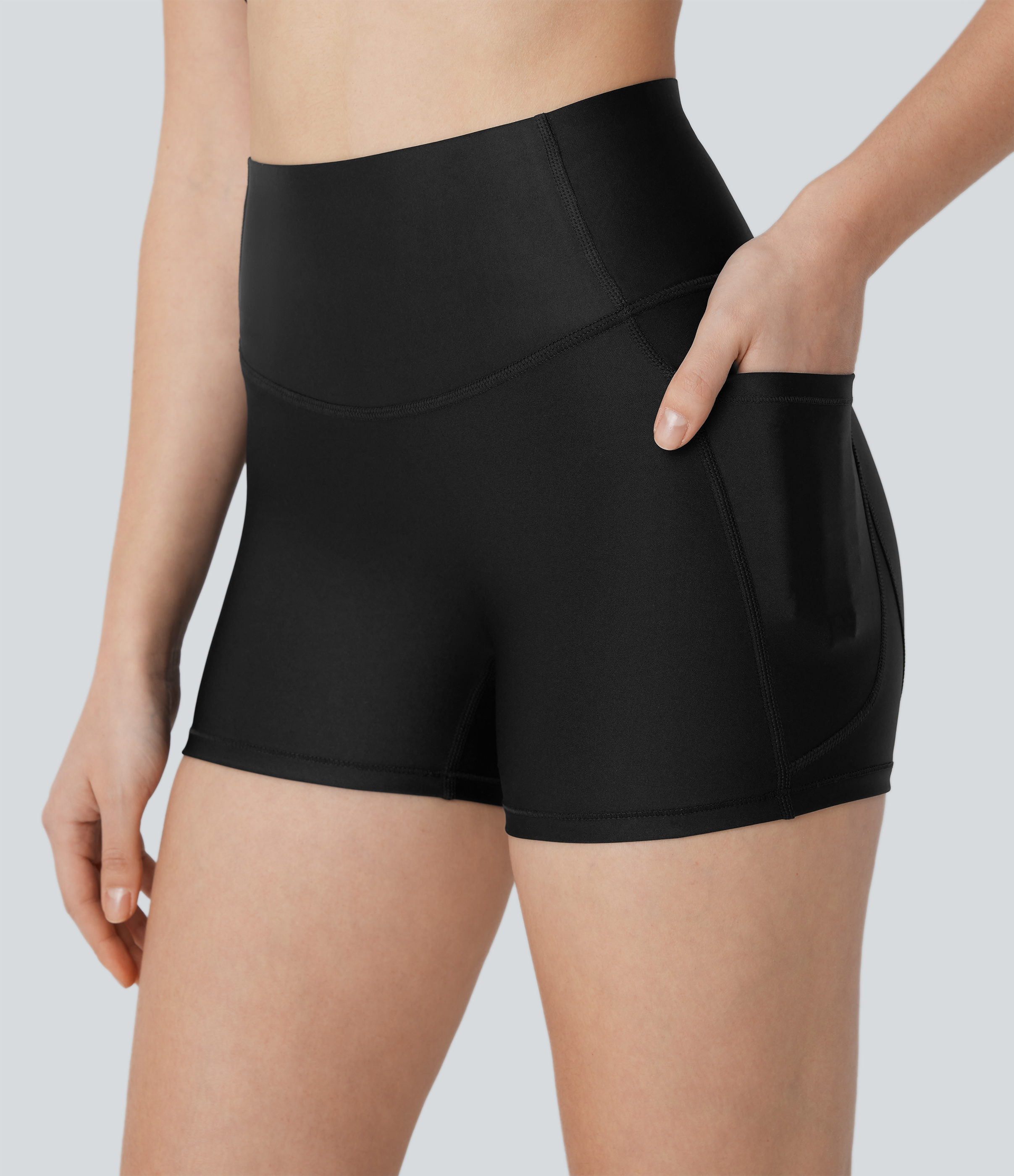 Halara SoCinched High Waisted Tummy Control Side Pocket Sheen Running Biker Shorts 3``  - Black - XS biker shorts women black biker shorts 