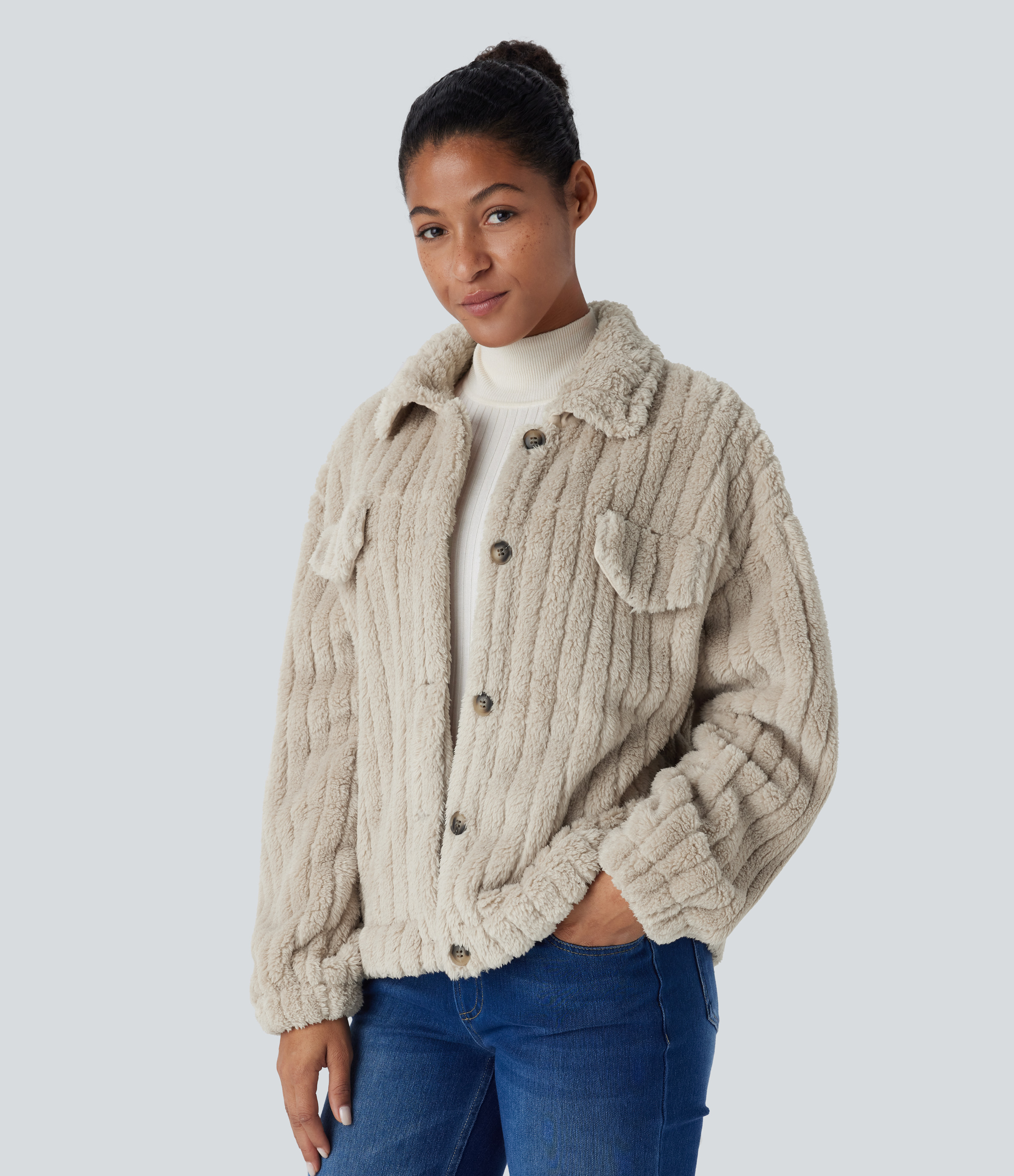 Collared Button Long Sleeve Casual Sherpa Jacket