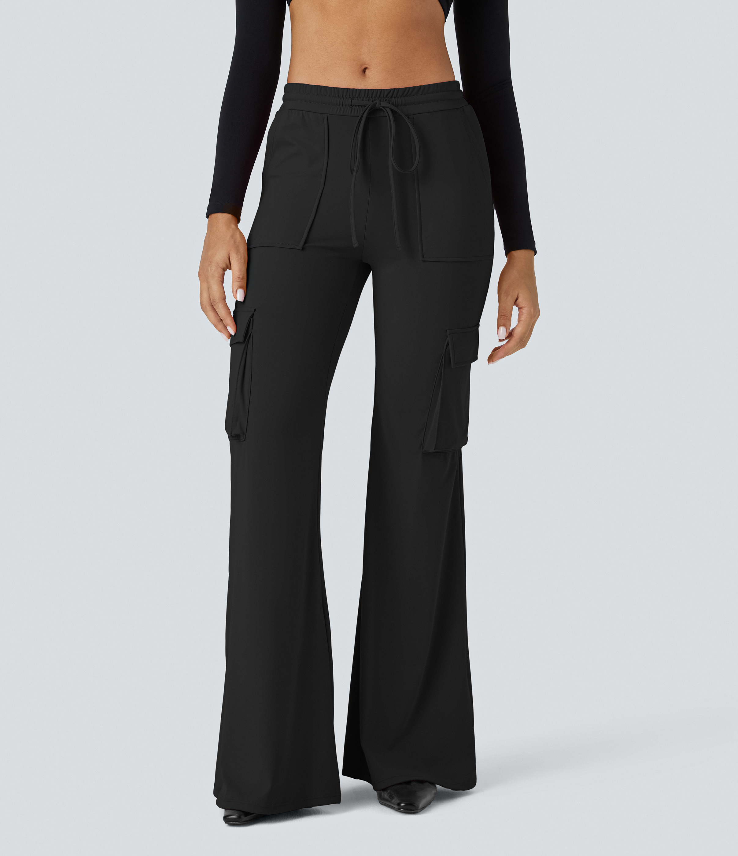 Halara Cloudfulв„ў Air Fabric High Waisted Drawstring Multiple Pockets Casual Flare Cargo Pants  - Black - XS(regular) sweatpants jogger pants 