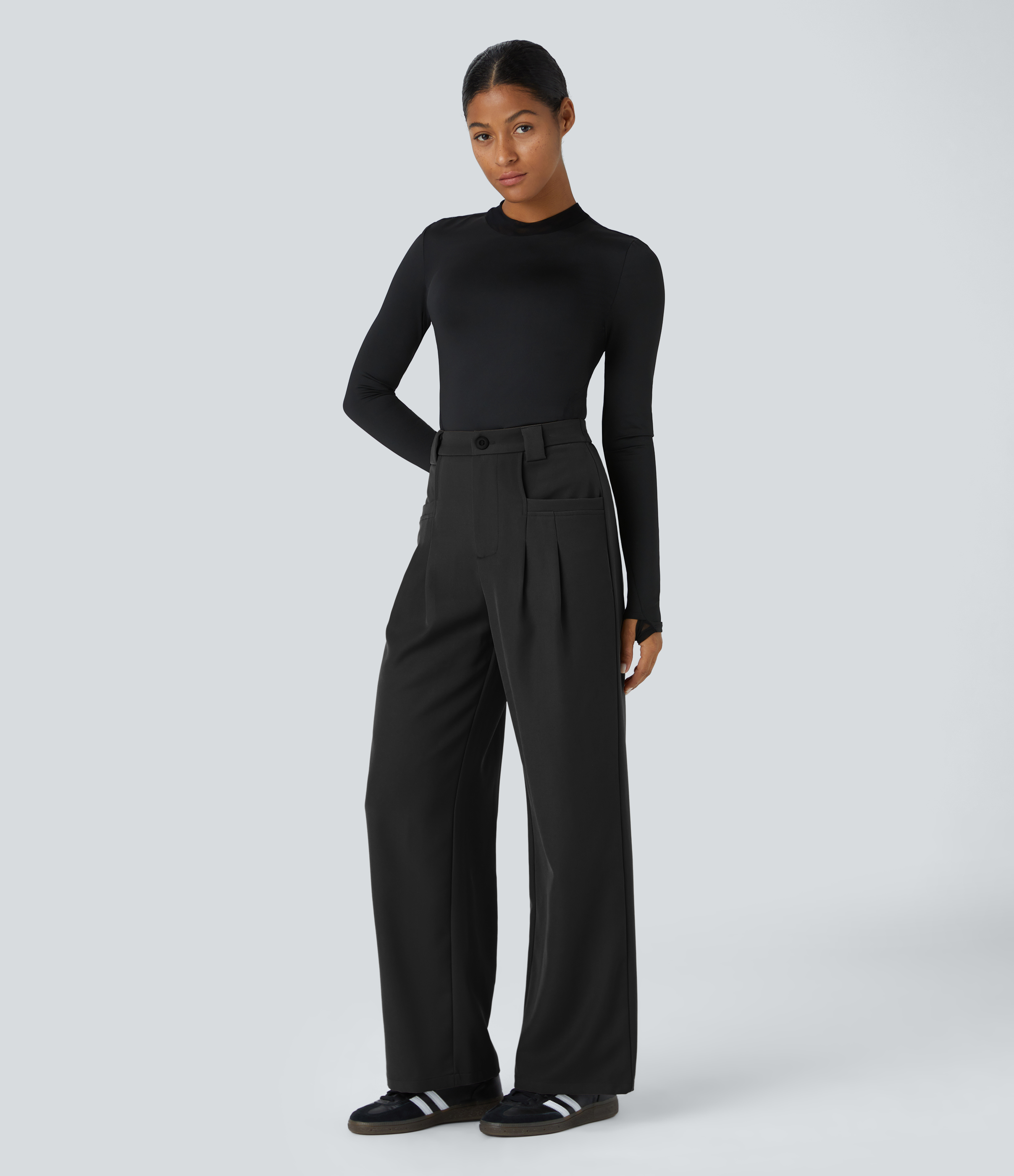 Halara High Waisted Button Zipper Plicated Side Pocket Straight Leg Work Pants  - Black - M(regular) sweatpants jogger pants 