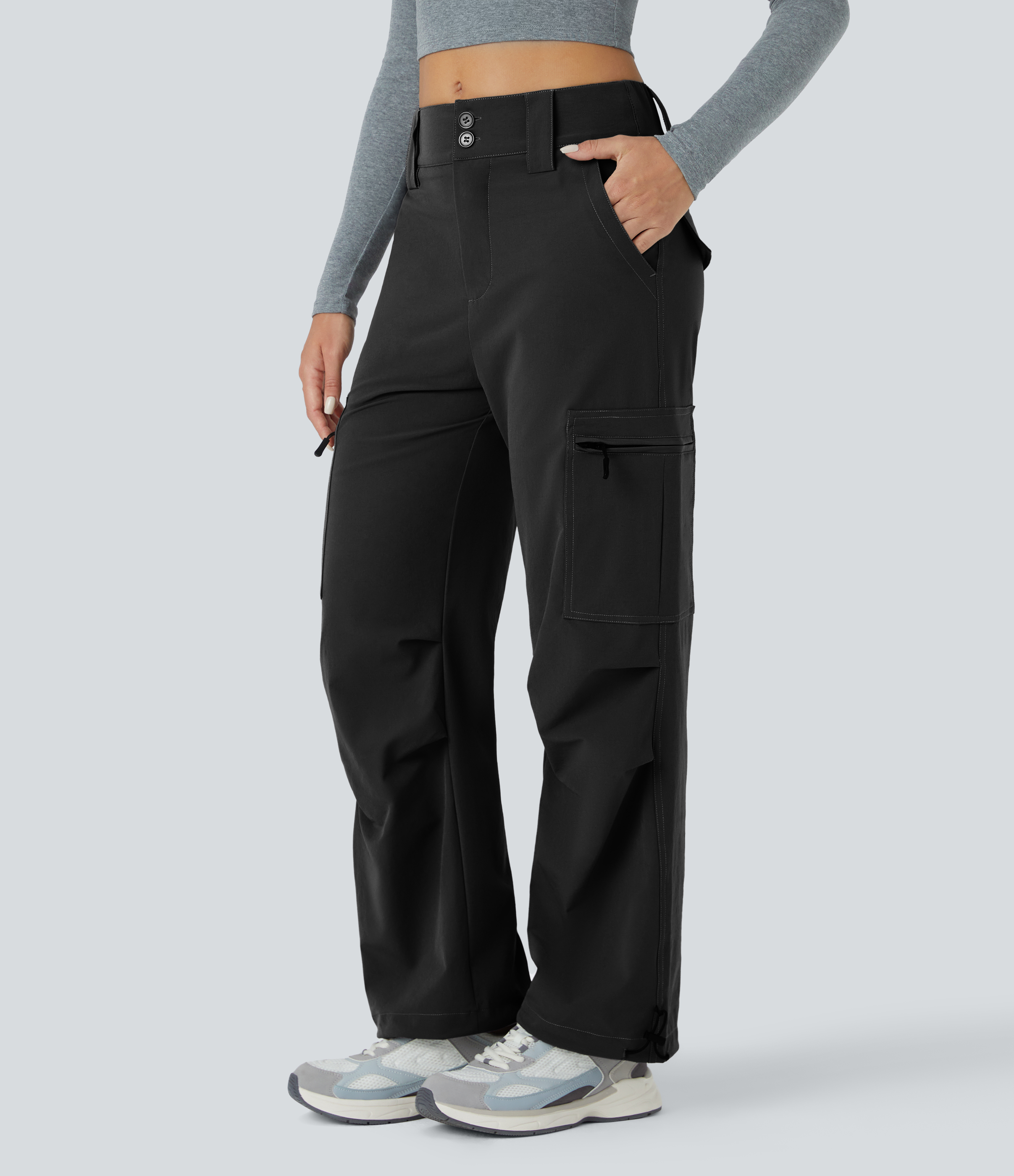 Halara Mid Rise Button Zipper Multiple Pockets Adjustable Drawcord Casual Cargo Joggers  - Black - XL(regular) 