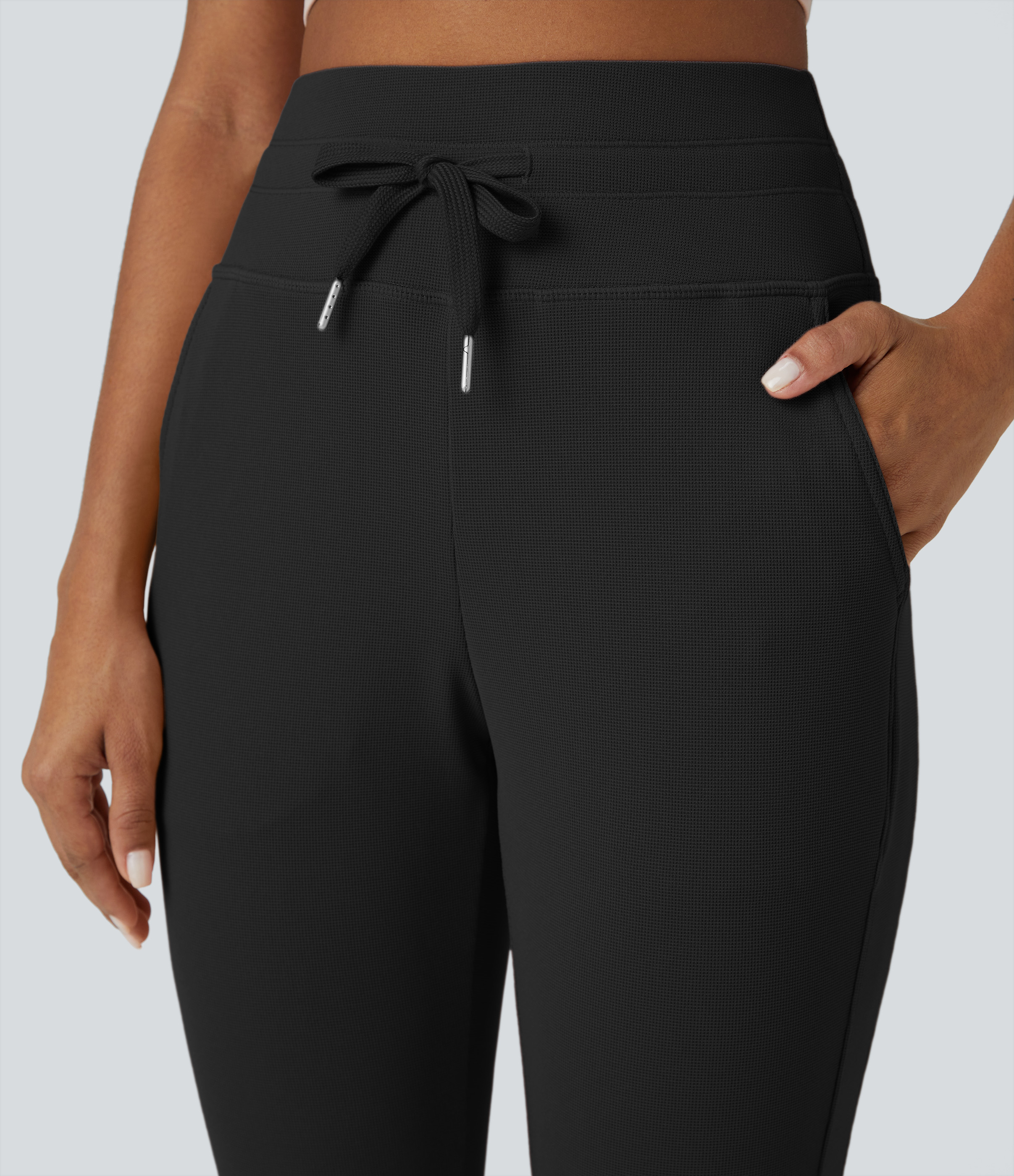 Halara High Waisted Drawstring Side Pocket Full Length Waffle Yoga Joggers  - Black - L(regular) 