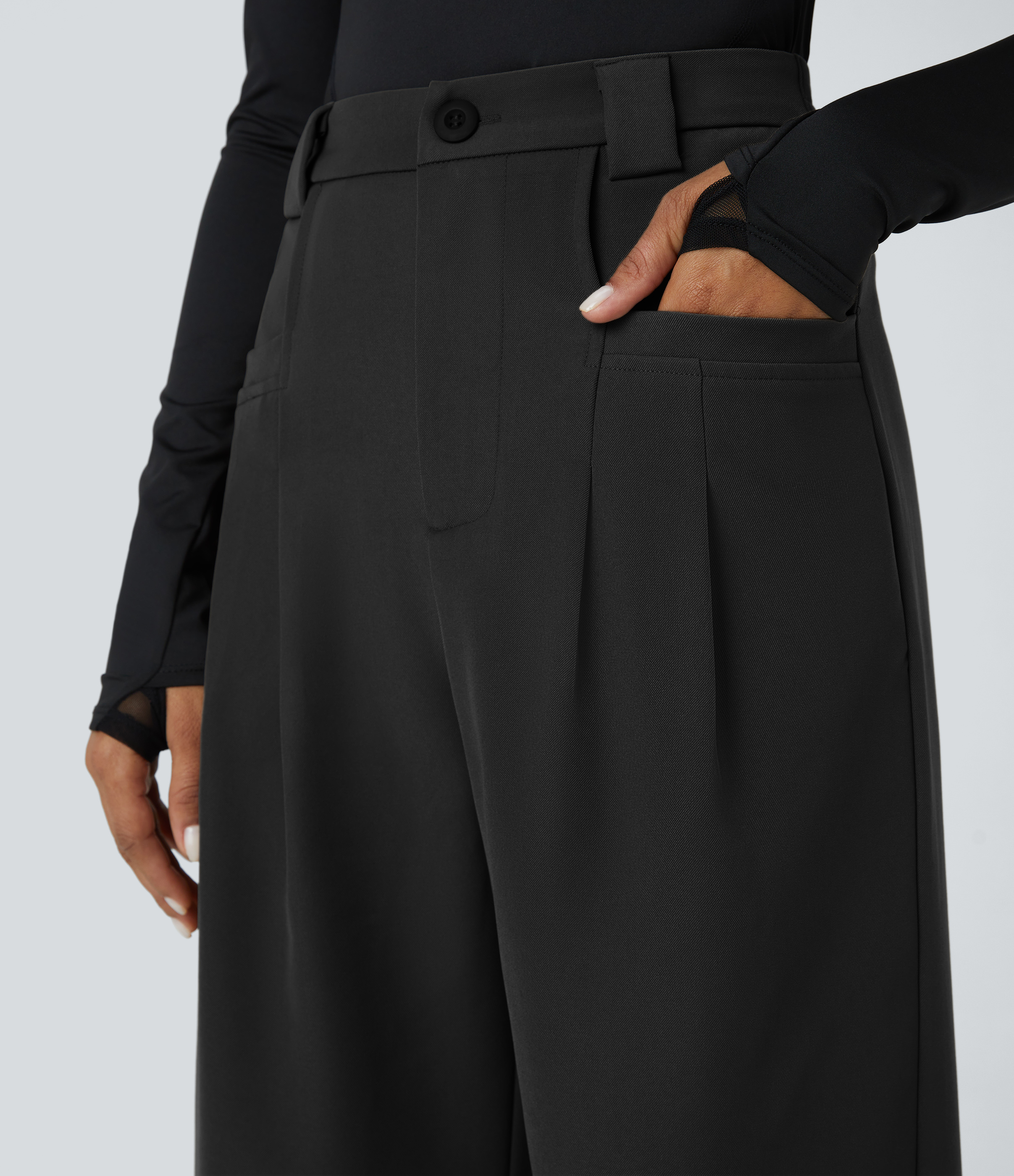 Halara High Waisted Button Zipper Plicated Side Pocket Straight Leg Work Pants  - Black - M(regular) sweatpants jogger pants 