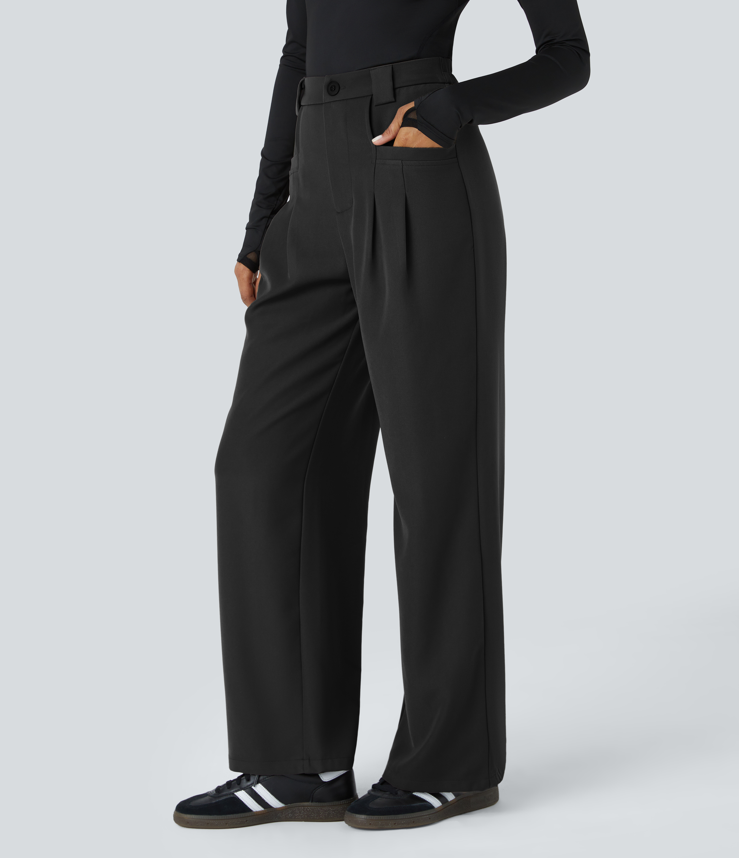 Halara High Waisted Button Zipper Plicated Side Pocket Straight Leg Work Pants  - Black - M(regular) sweatpants jogger pants 