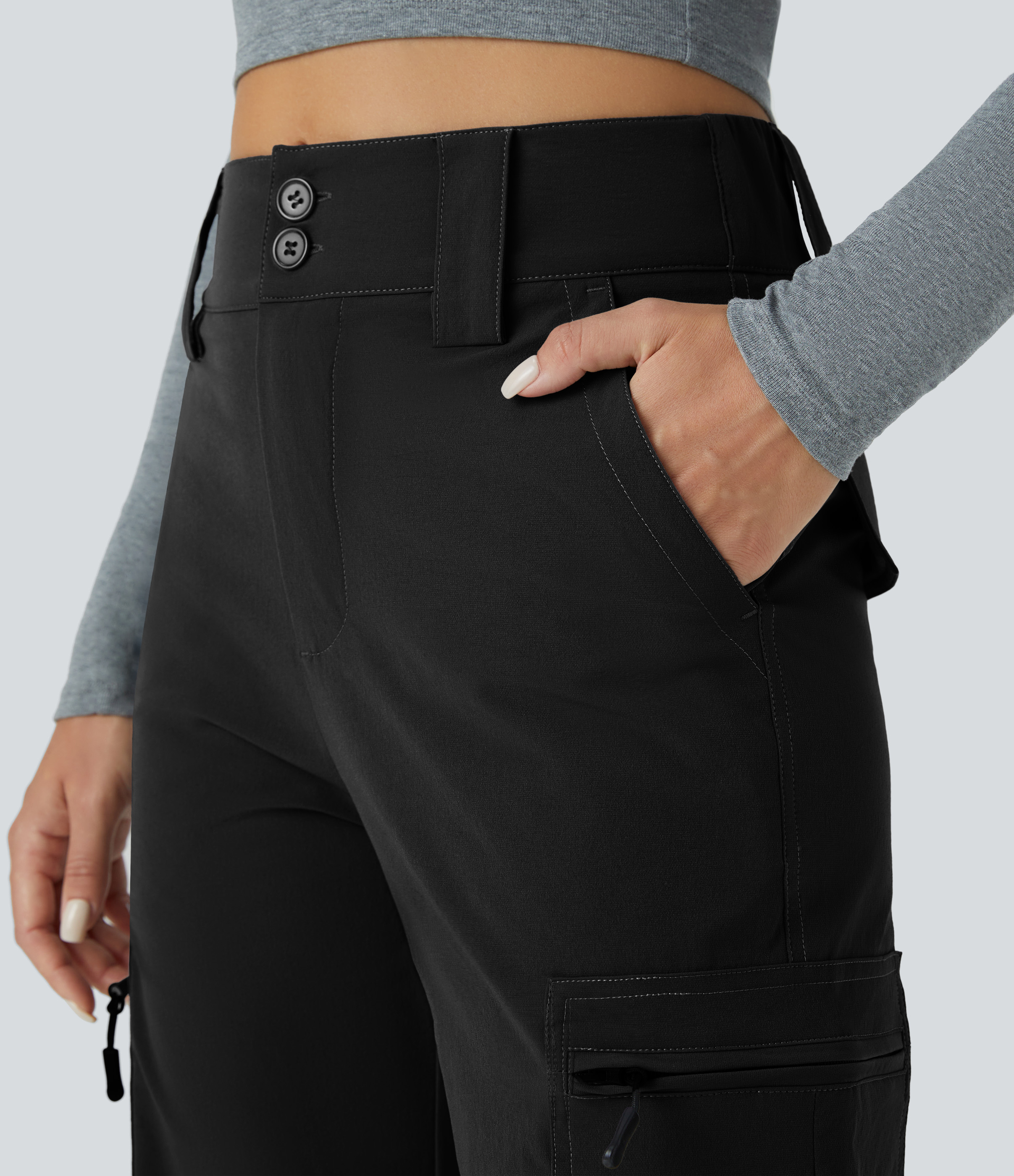 Halara Mid Rise Button Zipper Multiple Pockets Adjustable Drawcord Casual Cargo Joggers  - Black - XL(regular) 