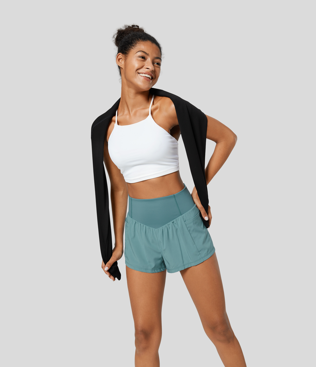 Halara SoCinched High Waisted Tummy Control Side Pocket 2-in-1 Yoga Shorts Gym Short - Mineral Blue - M booty shorts compression shorts 